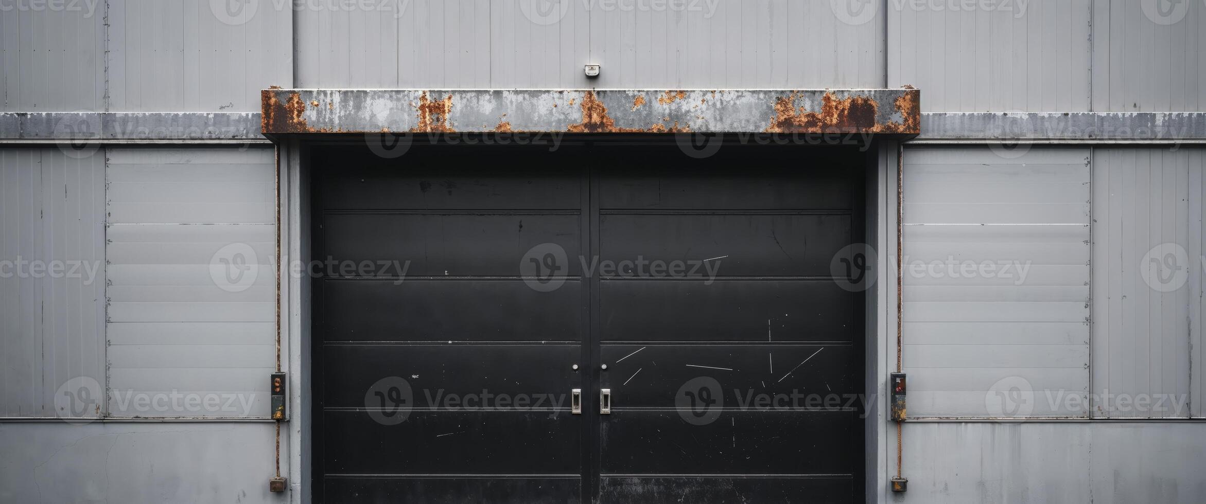 Gray industrial building with electric shutter and black double doors. photo