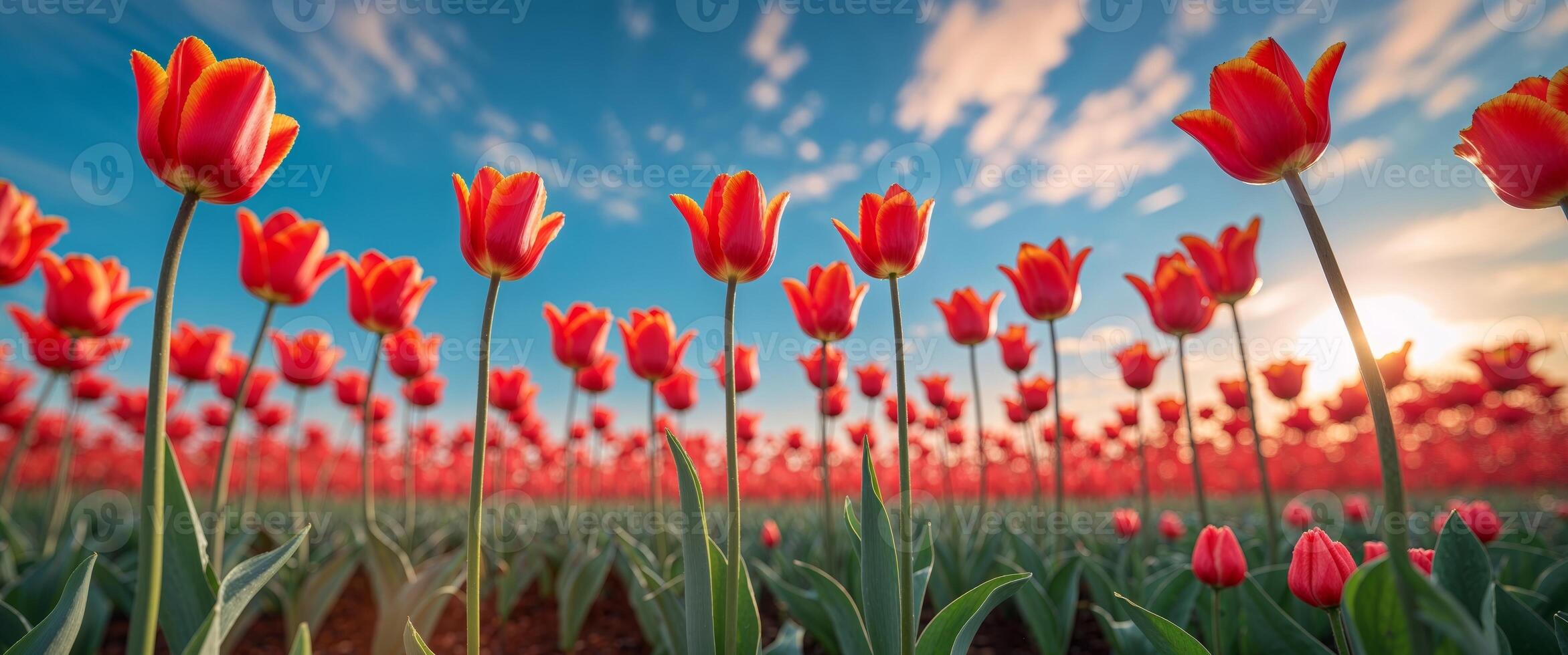 Stunning field of bright red tulips blooming in abundance beneath a clear blue sky on a sunny day photo