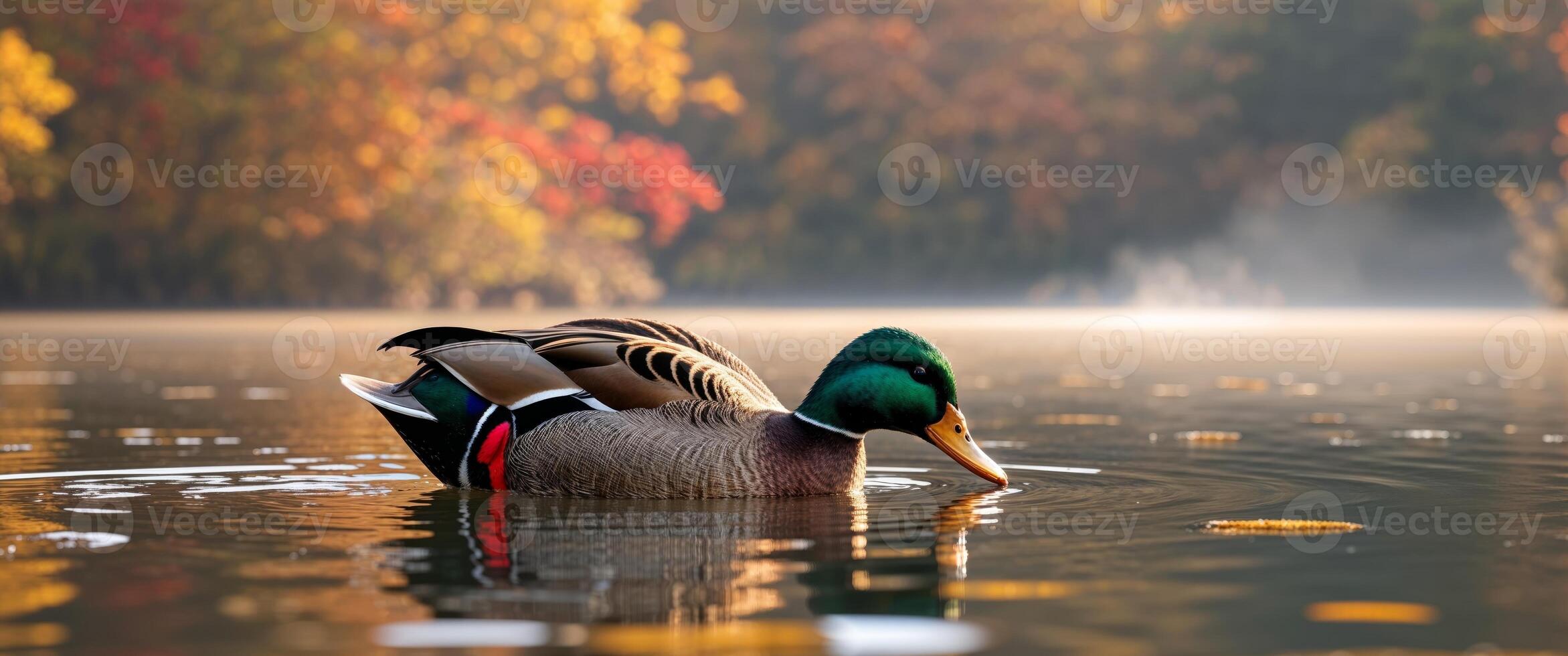 Mallard duck foraging in calm waters during autumn at a tranquil lake setting. photo