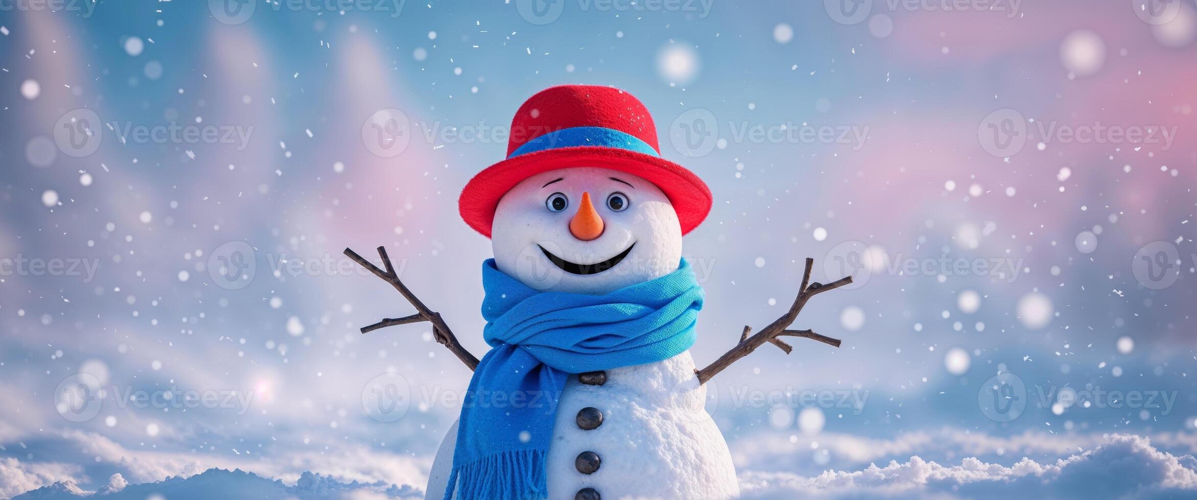 Surprised Snowman with Hat and Scarf in Winter Wonderland photo