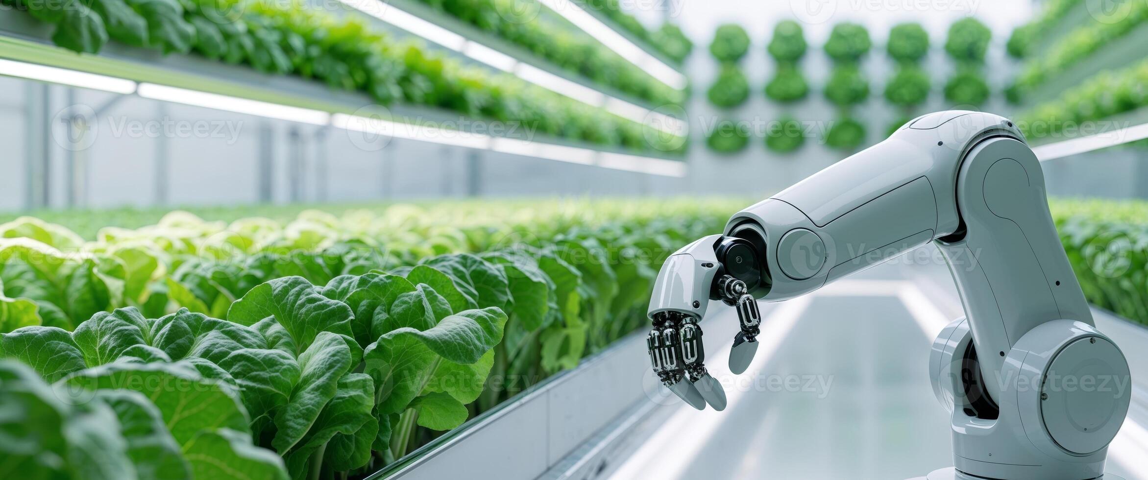 Robotic Arm in Indoor Vertical Farm with Lush Green Lettuce Rows. photo