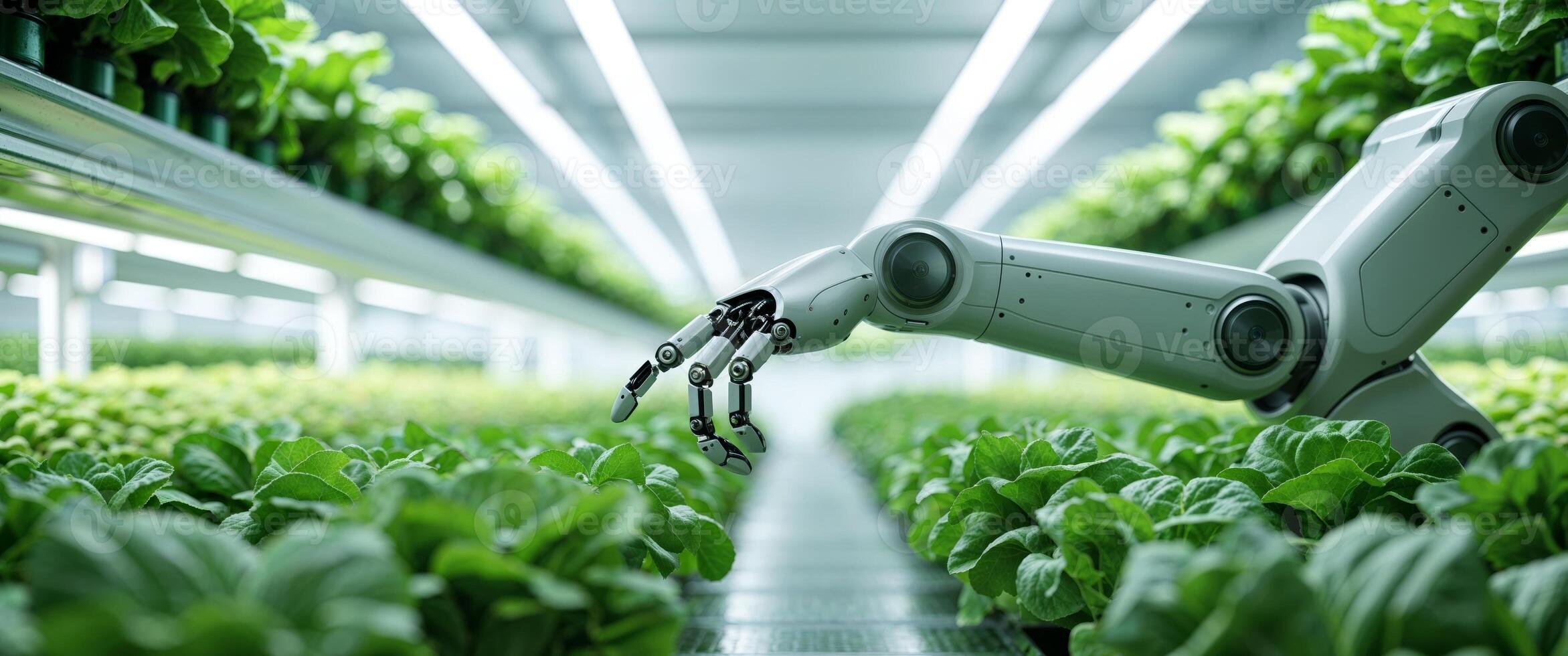 Robotic Arm in Indoor Vertical Farm with Lush Green Lettuce Rows photo