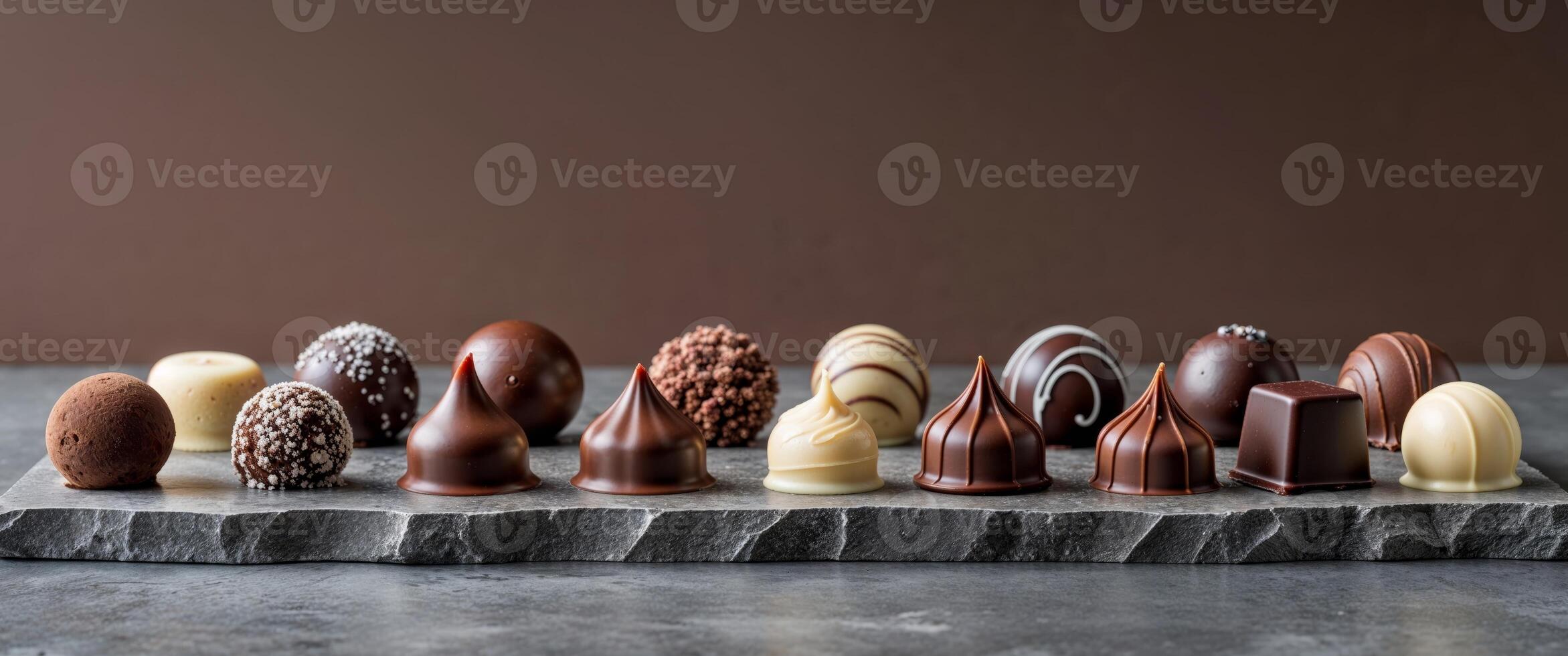 Delicious Assorted Chocolate Truffles Arrayed on a Textured Gray Surface in a Flat Lay Style Sweet Indulgence Gourmet Treat Chocolatey Background photo
