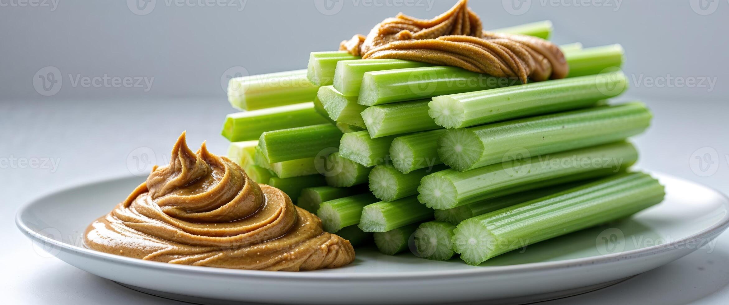 Preparing Celery Sticks with Peanut Butter Snack on Plate photo