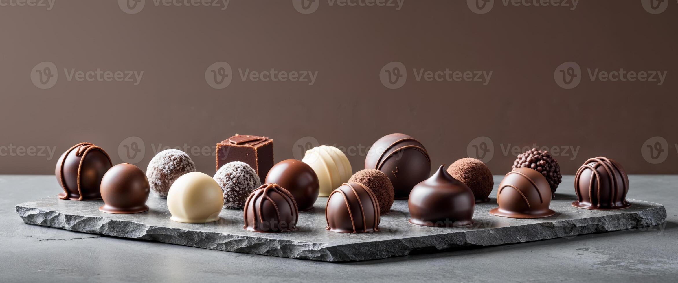 Delicious Assorted Chocolate Truffles Arrayed on a Textured Gray Surface in a Flat Lay Style Sweet Indulgence Gourmet Treat Chocolatey Background. photo