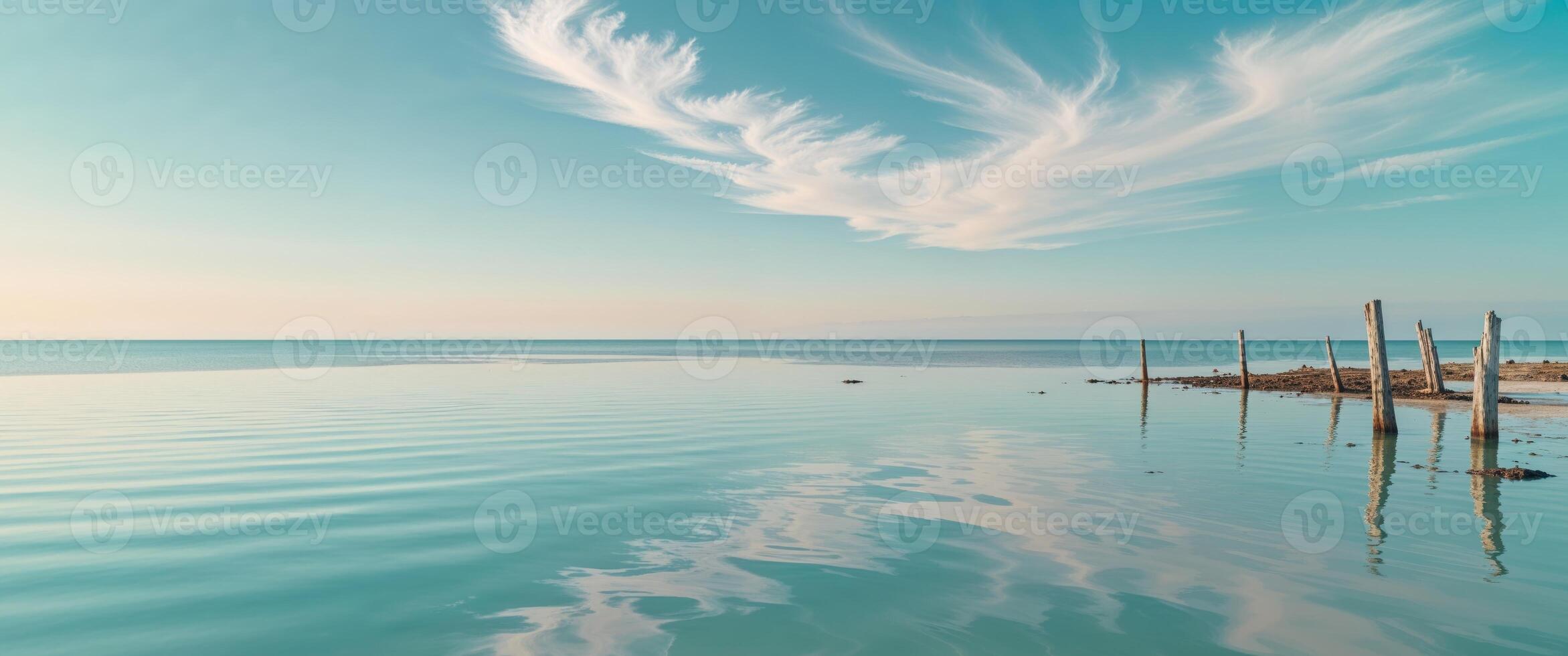 Calm turquoise waters reflect a clear sky during midday in a serene coastal location. photo