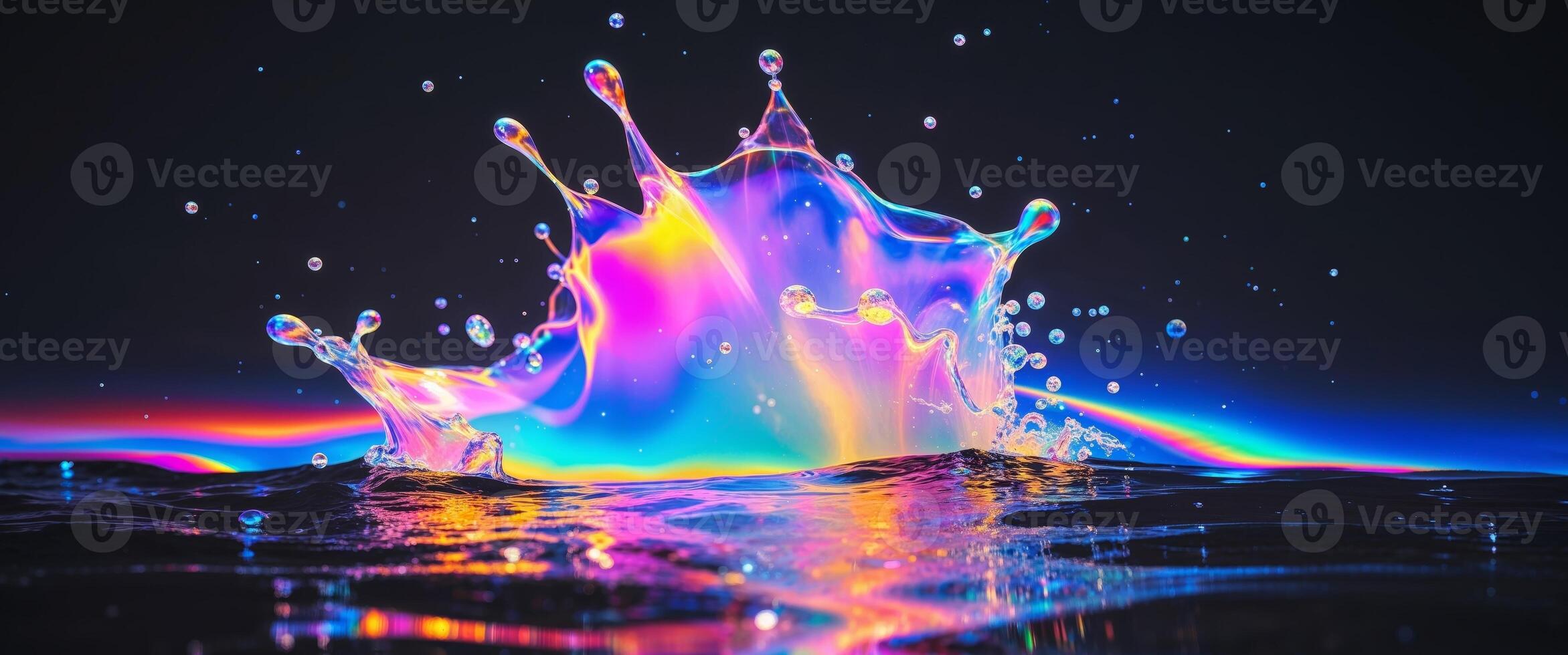 A holographic splash of prismatic colors dissolving into the void. photo