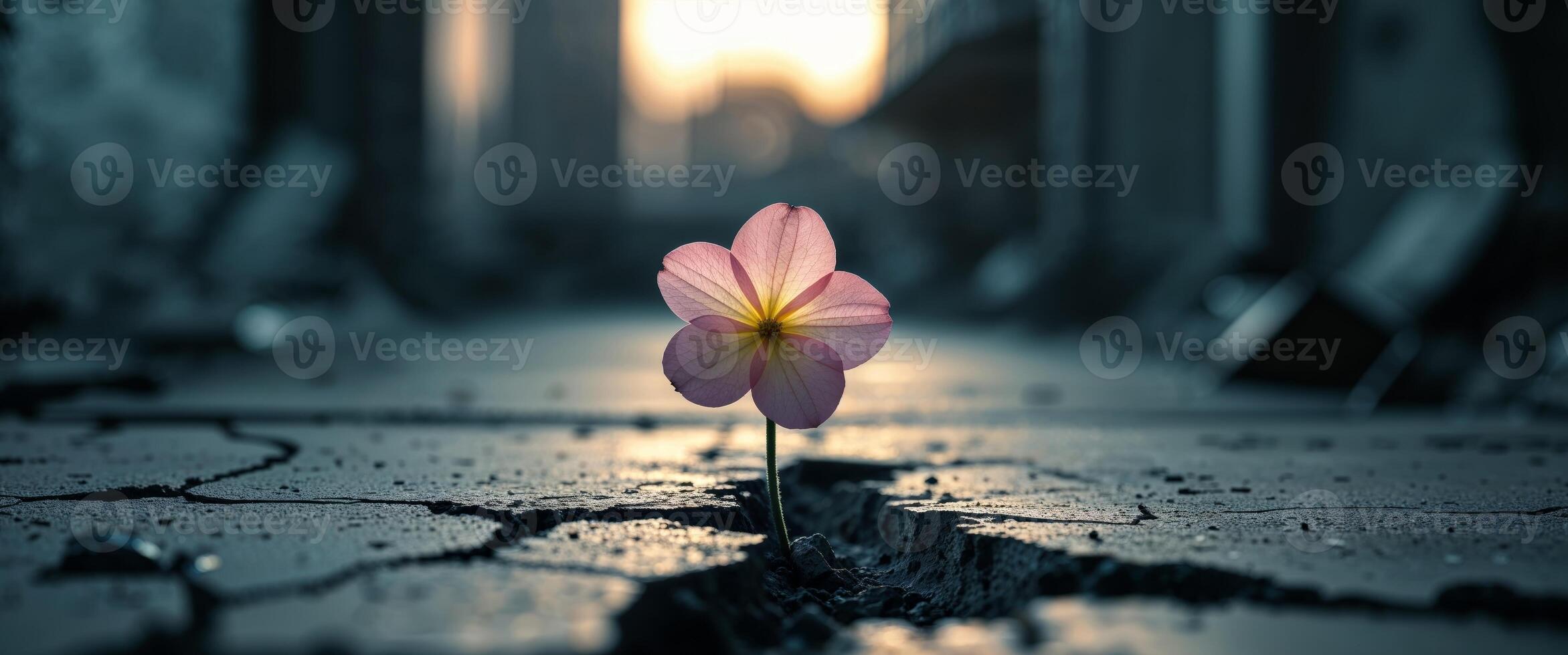 A flower growing out of a crack in the ground photo