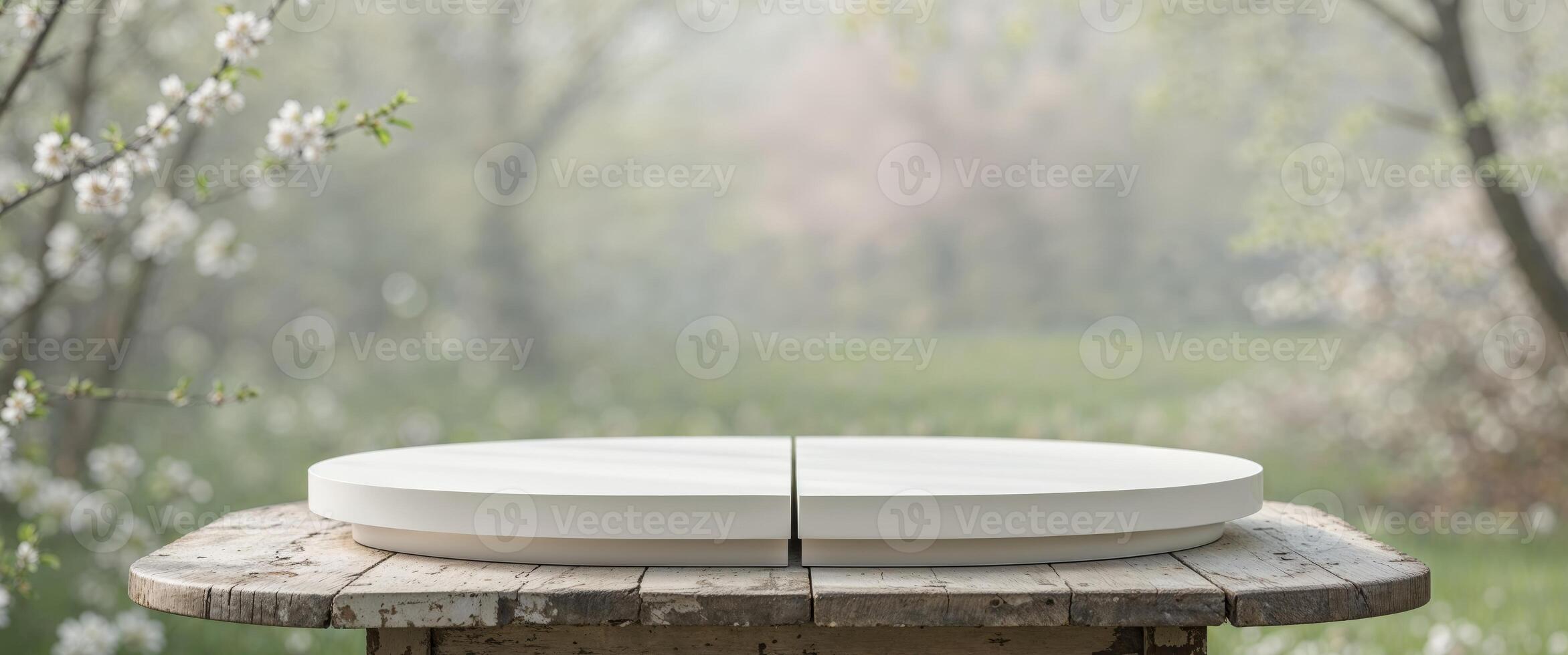 A white circular table with a white circular object on it photo