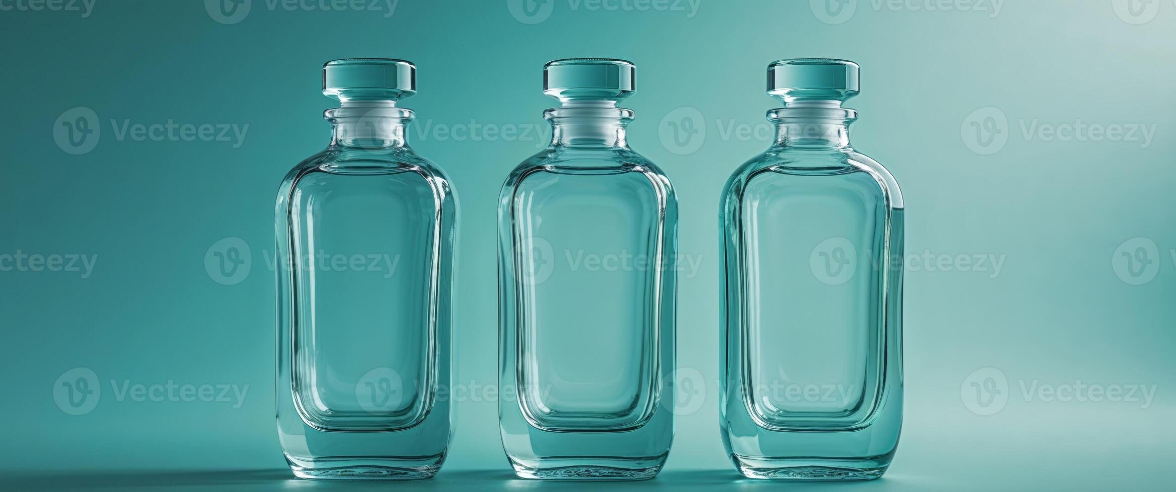 Three empty glass bottles on a green background photo