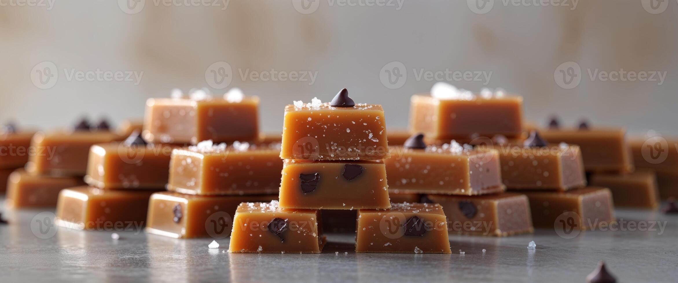 Stacked caramel squares with sea salt and chocolate chips photo