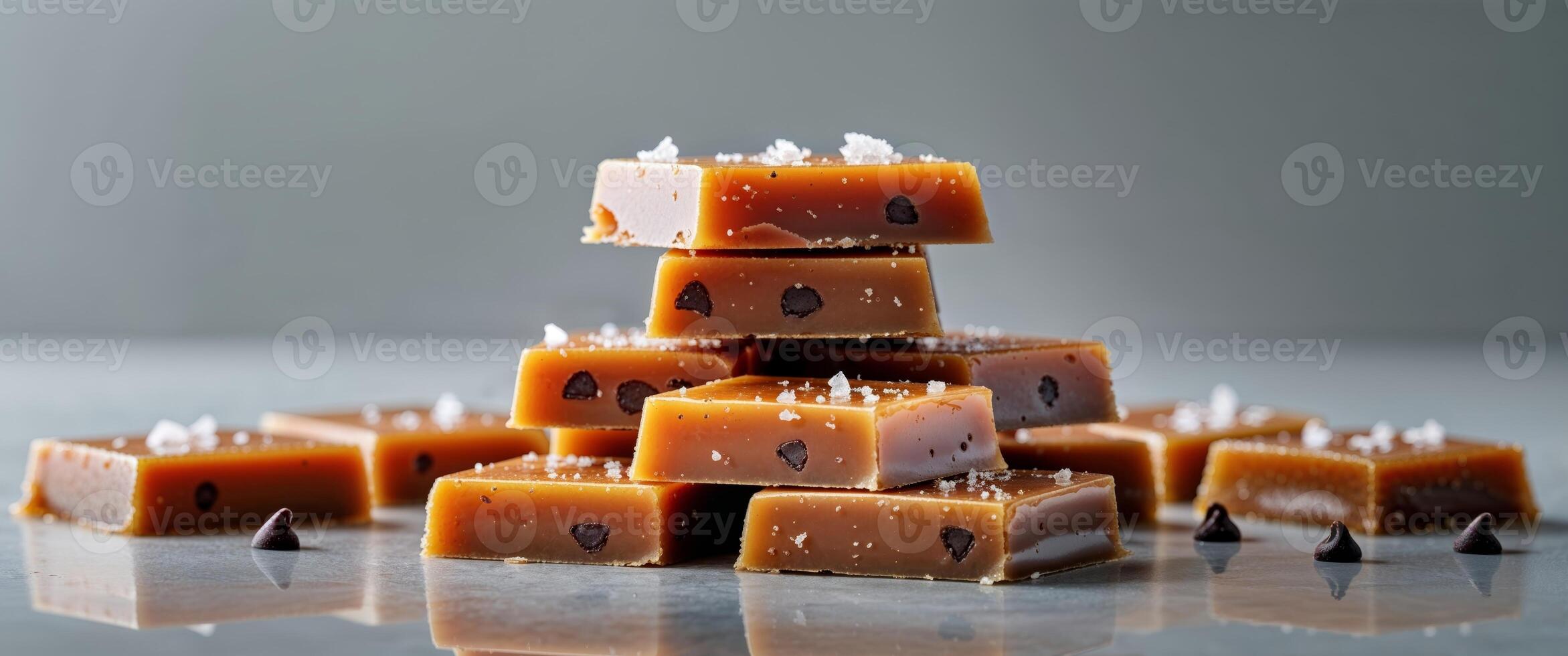 Stacked caramel squares with sea salt and chocolate chips. photo