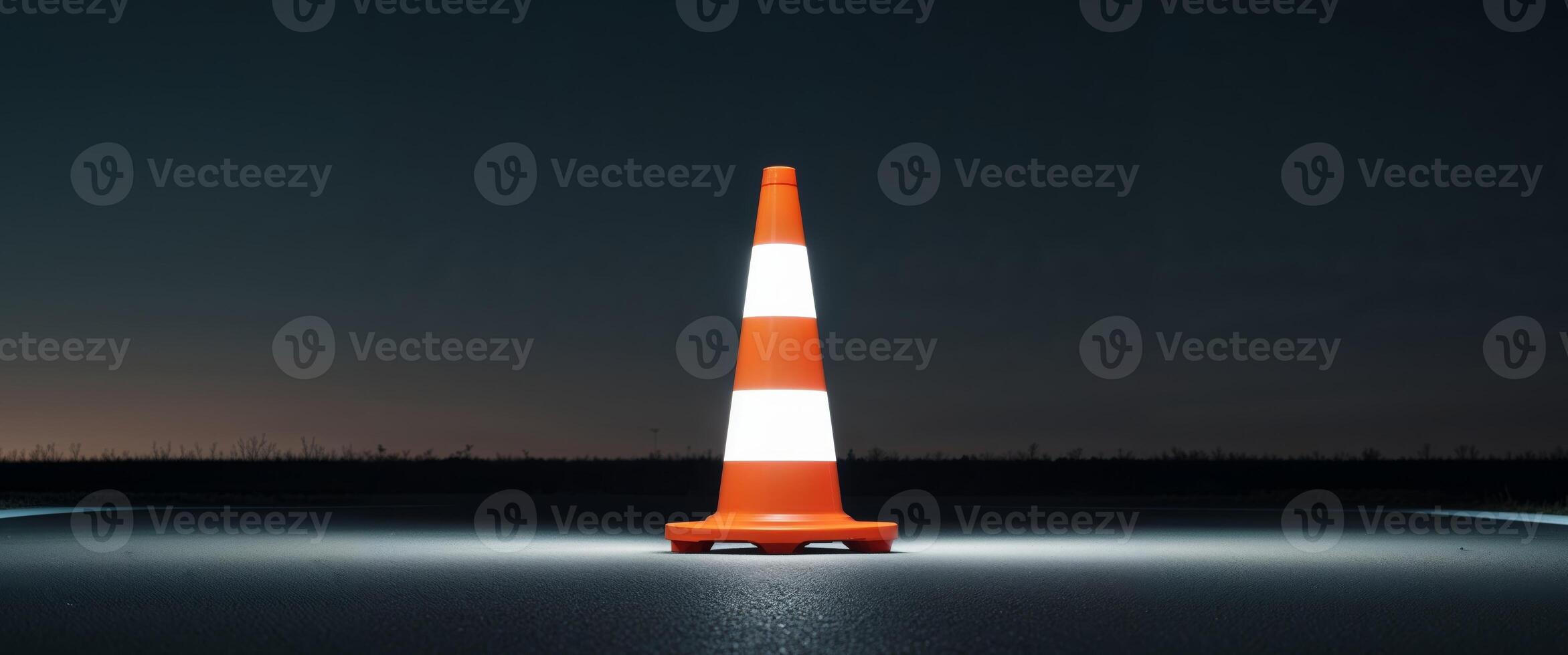 An orange and white road safety cone at night time. photo