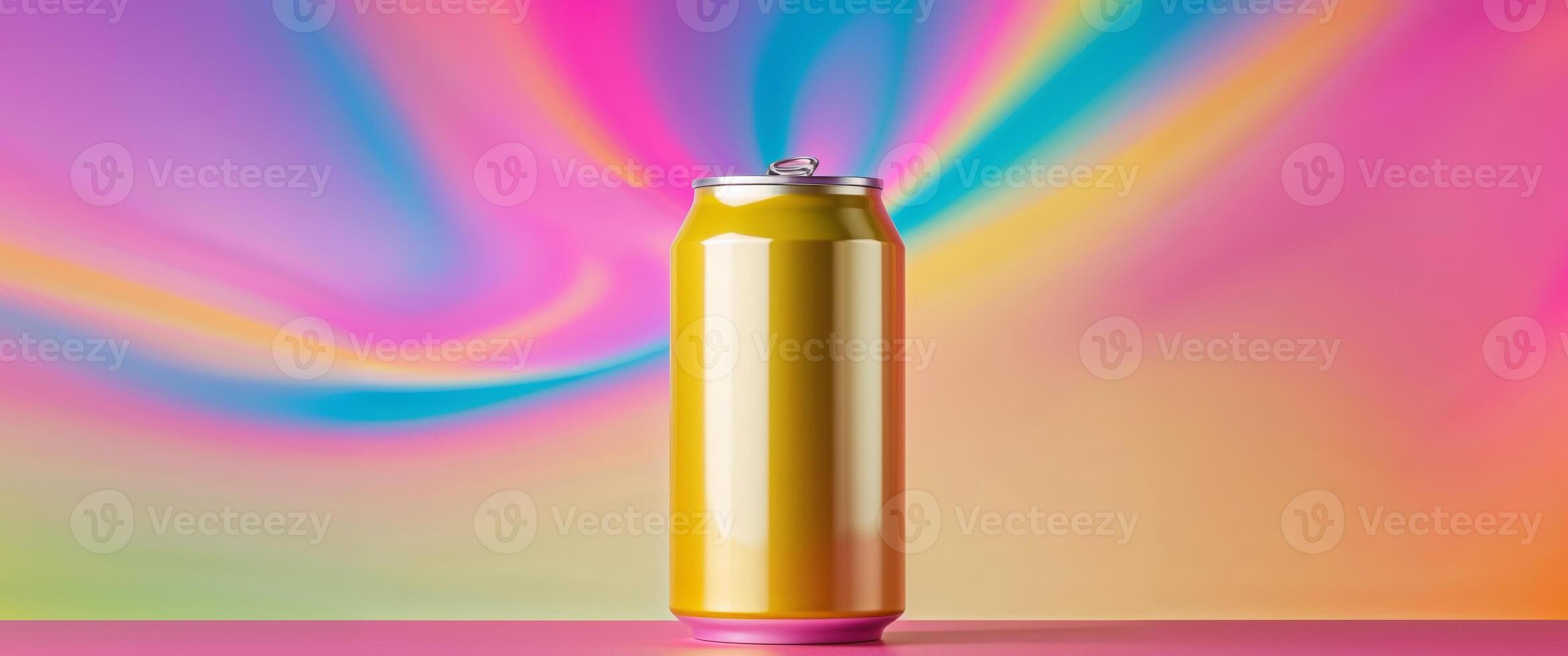 A shiny yellow beverage can placed with colorful backdrop gradients. photo