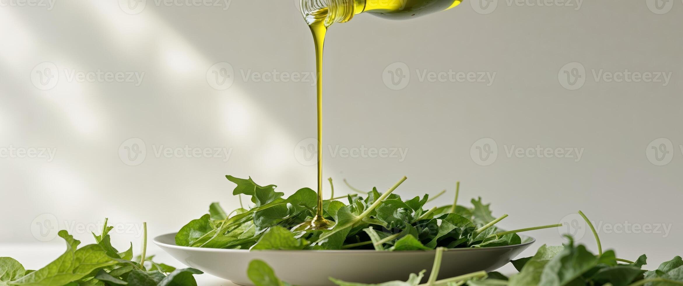 Fresh Salad Preparation with Olive Oil Drizzle in Bright Natural Light photo