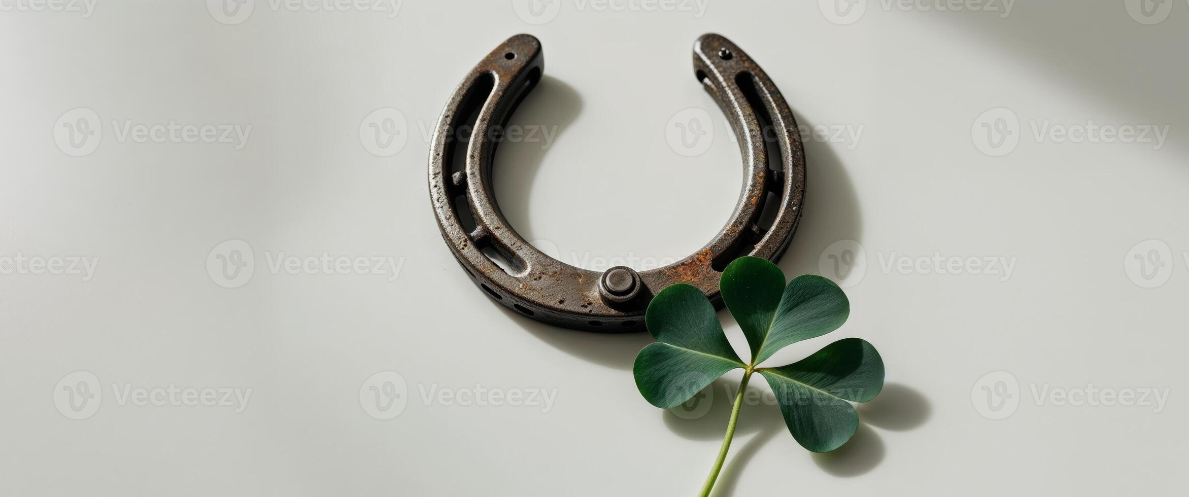 horseshoe with a four leaf clover next to it. photo