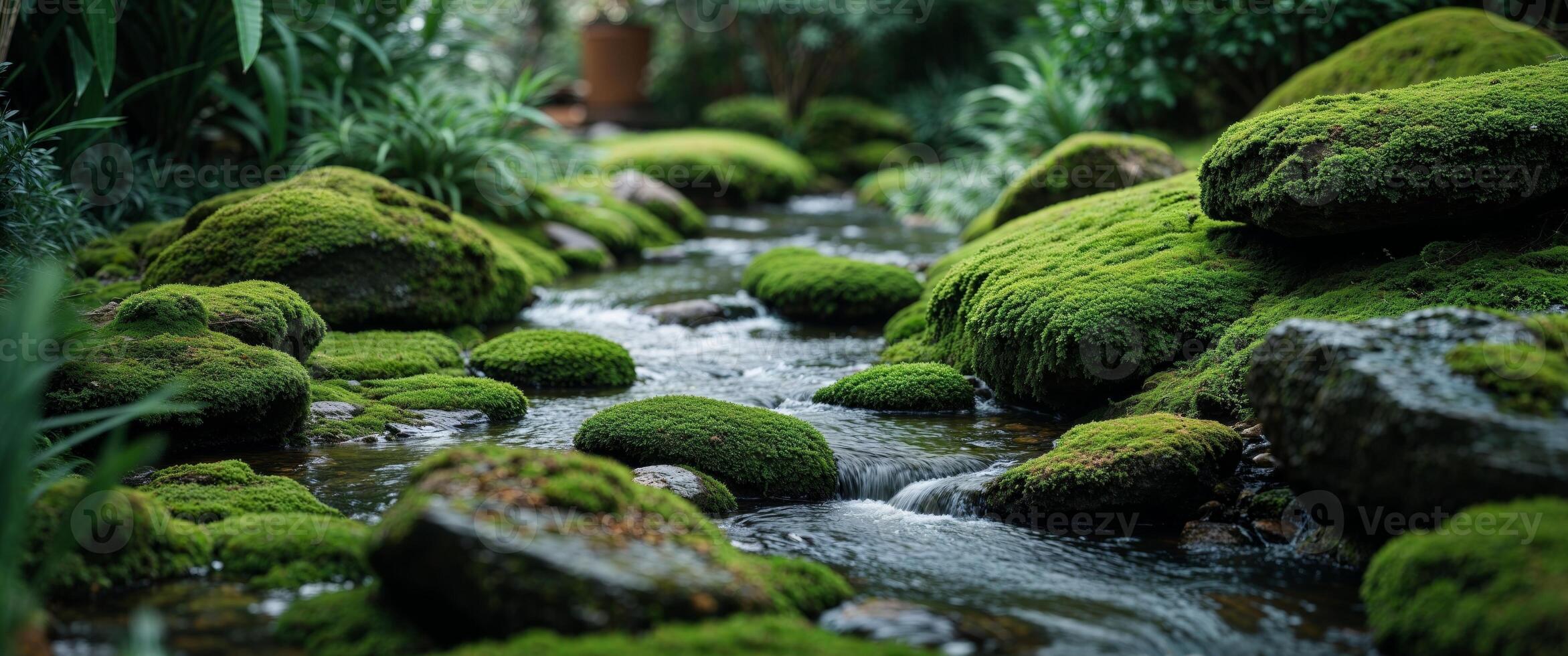 A stream of water flows through a lush green forest photo