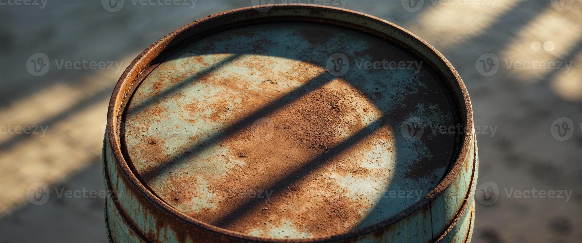 A rusty metal barrel with a shadow cast on it photo