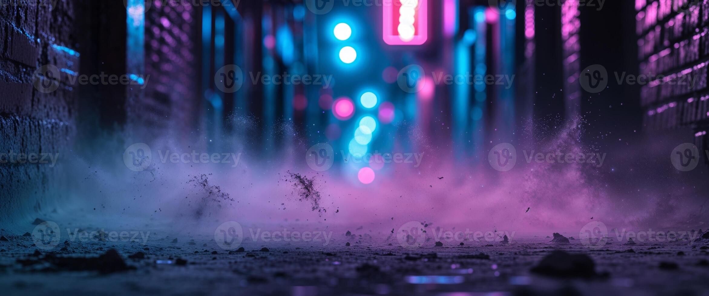 A dark alley with neon lights and smoke photo