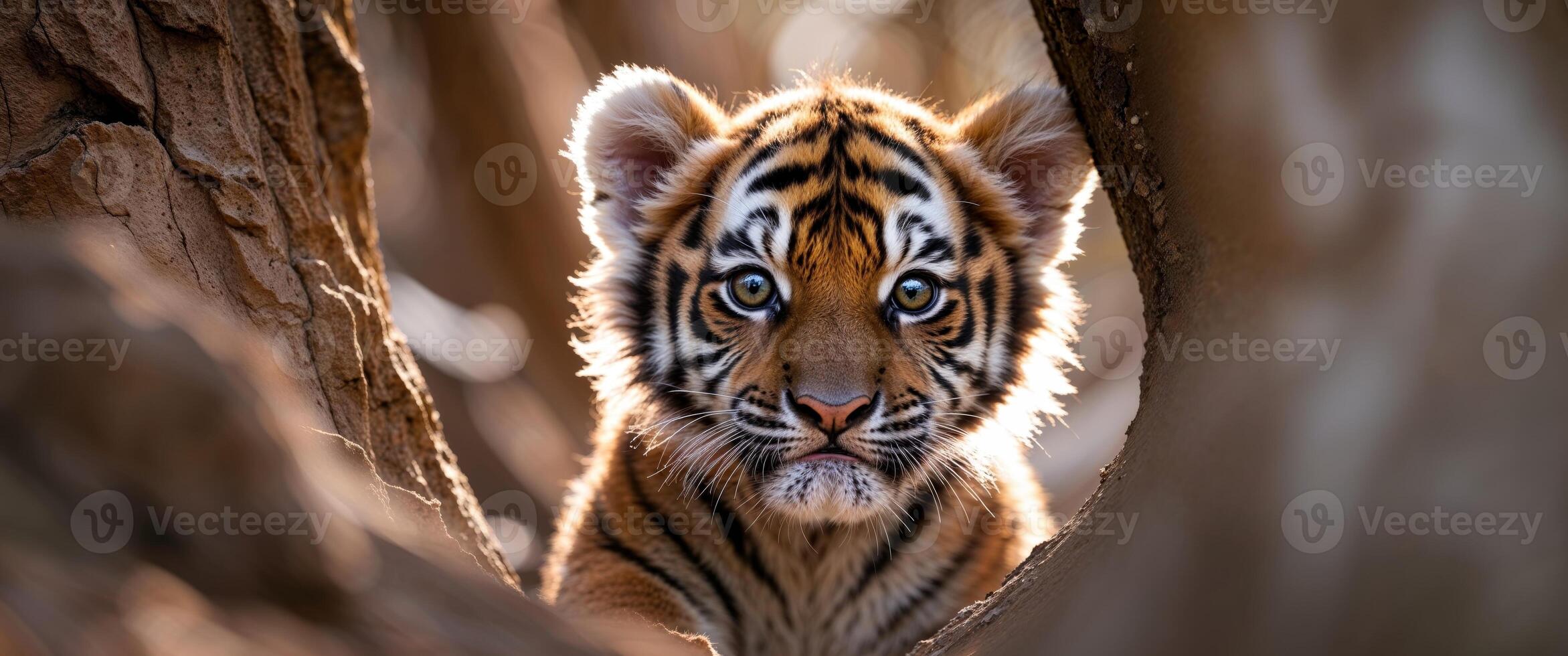 A tiger cub peeking out from behind a tree photo