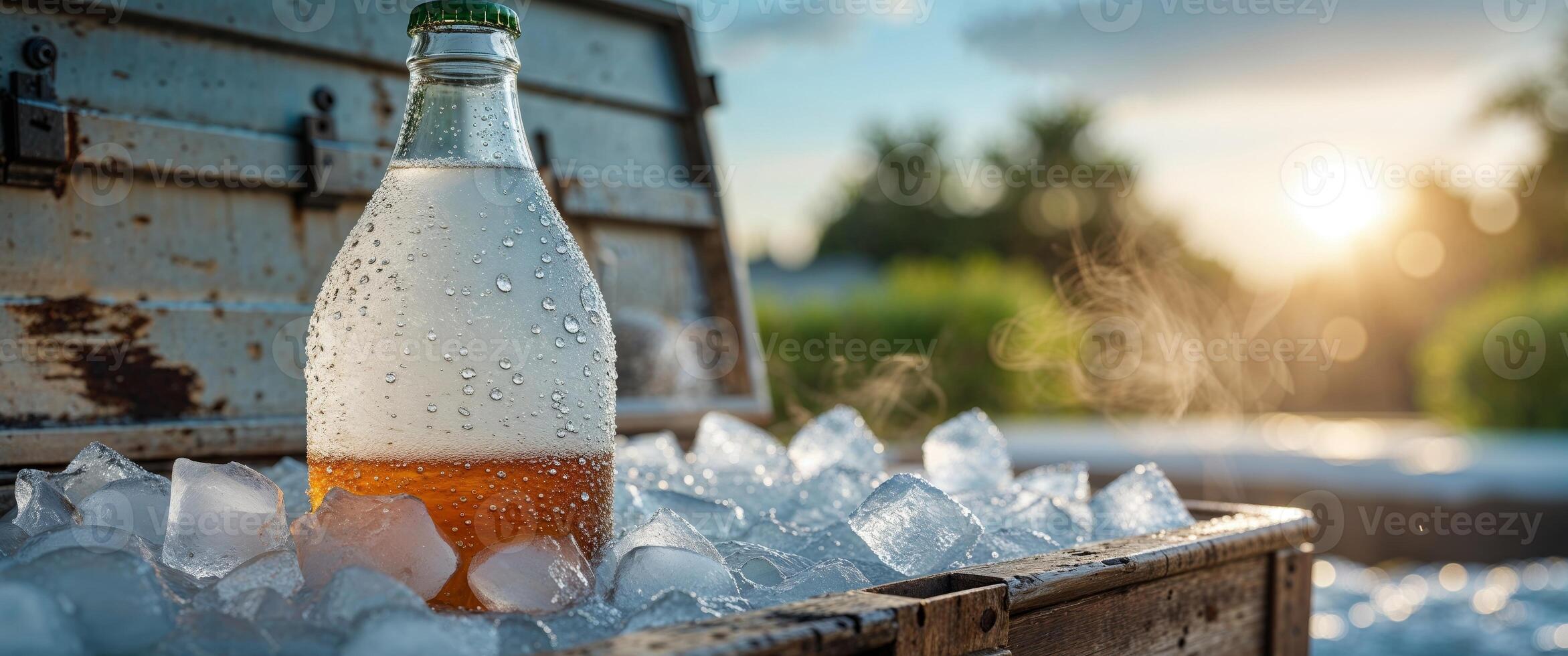 A bottle of beer sitting on ice in a wooden box photo