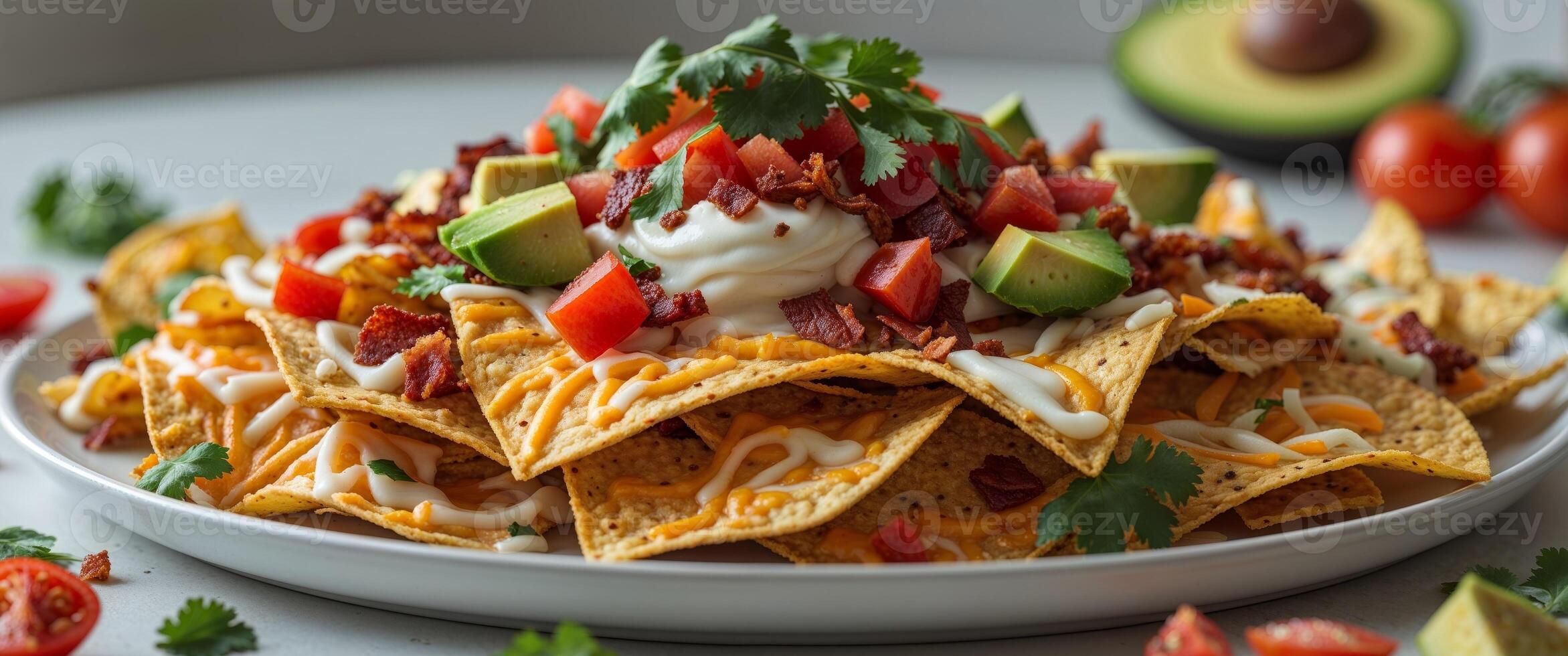 Serving of Loaded Nachos with Cheese and Fresh Toppings on Plate photo