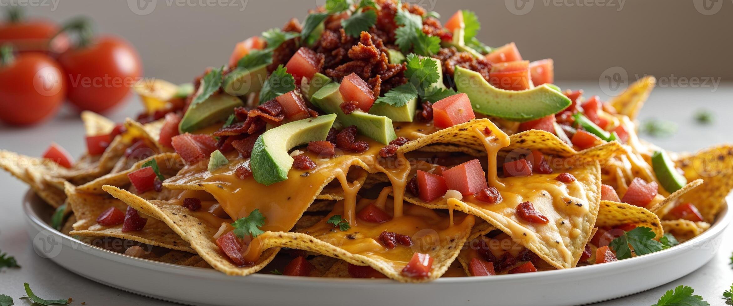 Serving of Loaded Nachos with Cheese and Fresh Toppings on Plate. photo