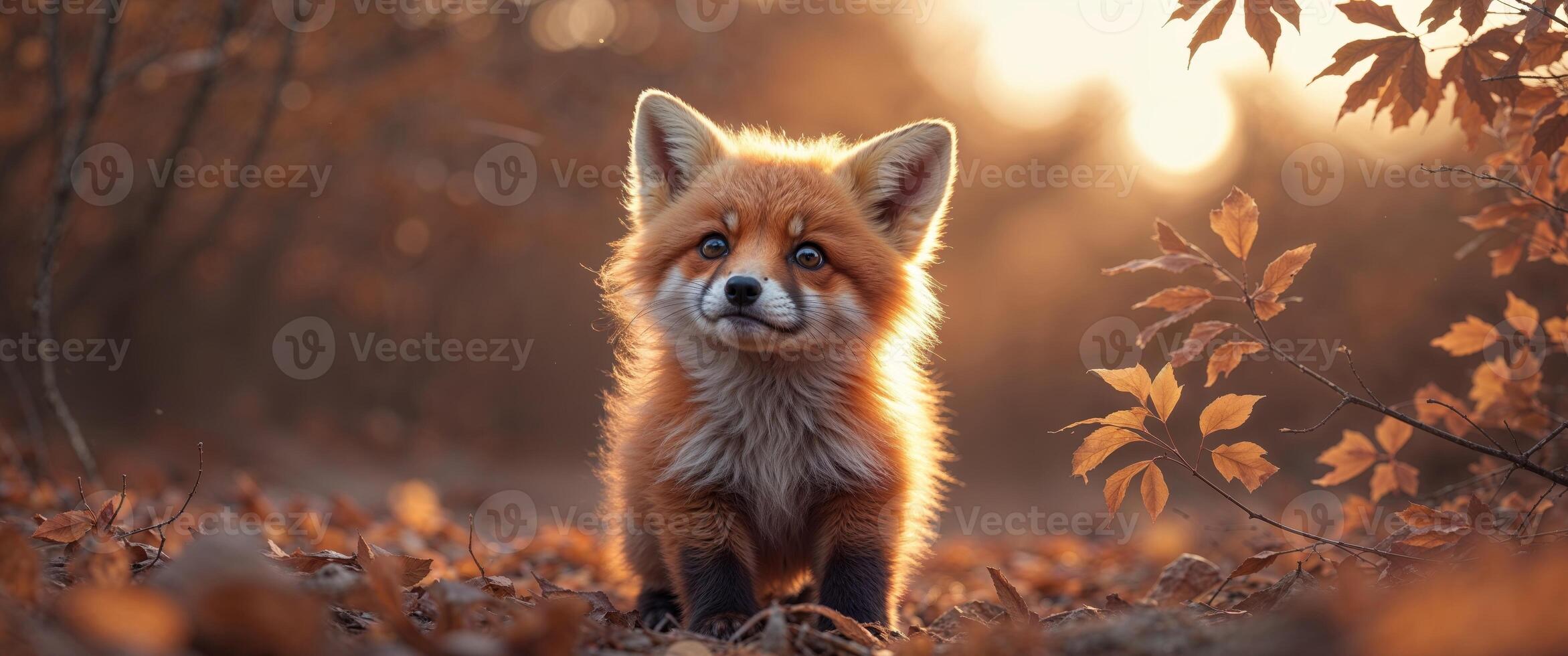 Cute Little Fox Cub in Warm Sunset Glow Among Soft Brown Foliage. photo