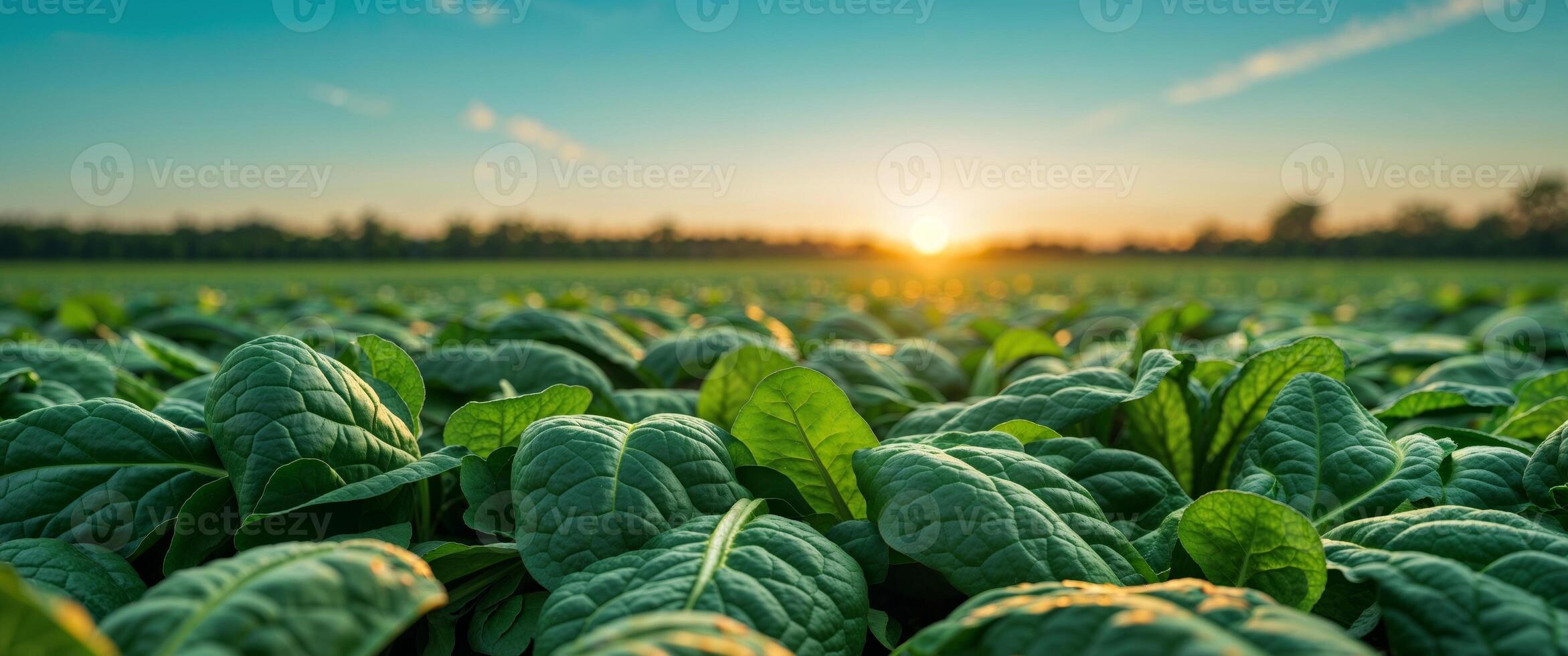 Spinach field growing at sunset for fresh food ads photo
