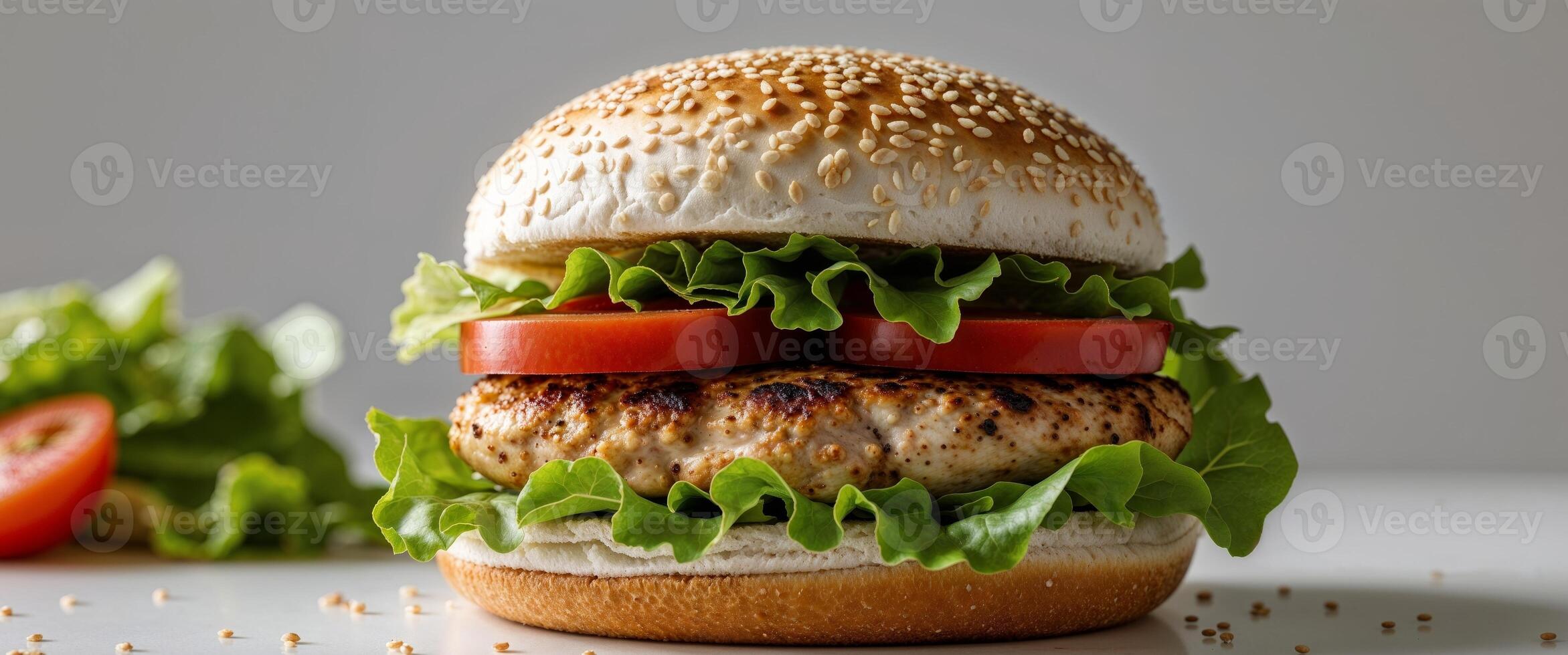 Studio shot of a fresh chicken burger with tomato and lettuce on a bun with sesame seeds on white. photo