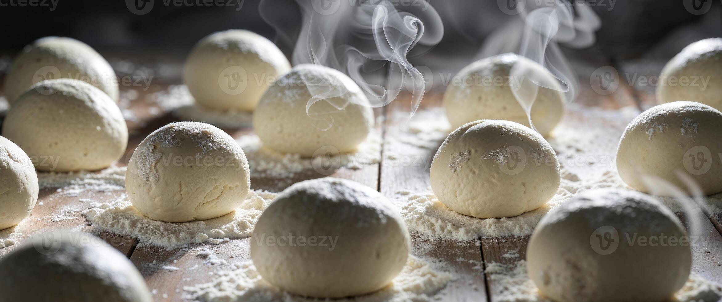 White Dough Balls on Floured Surface with Steam photo