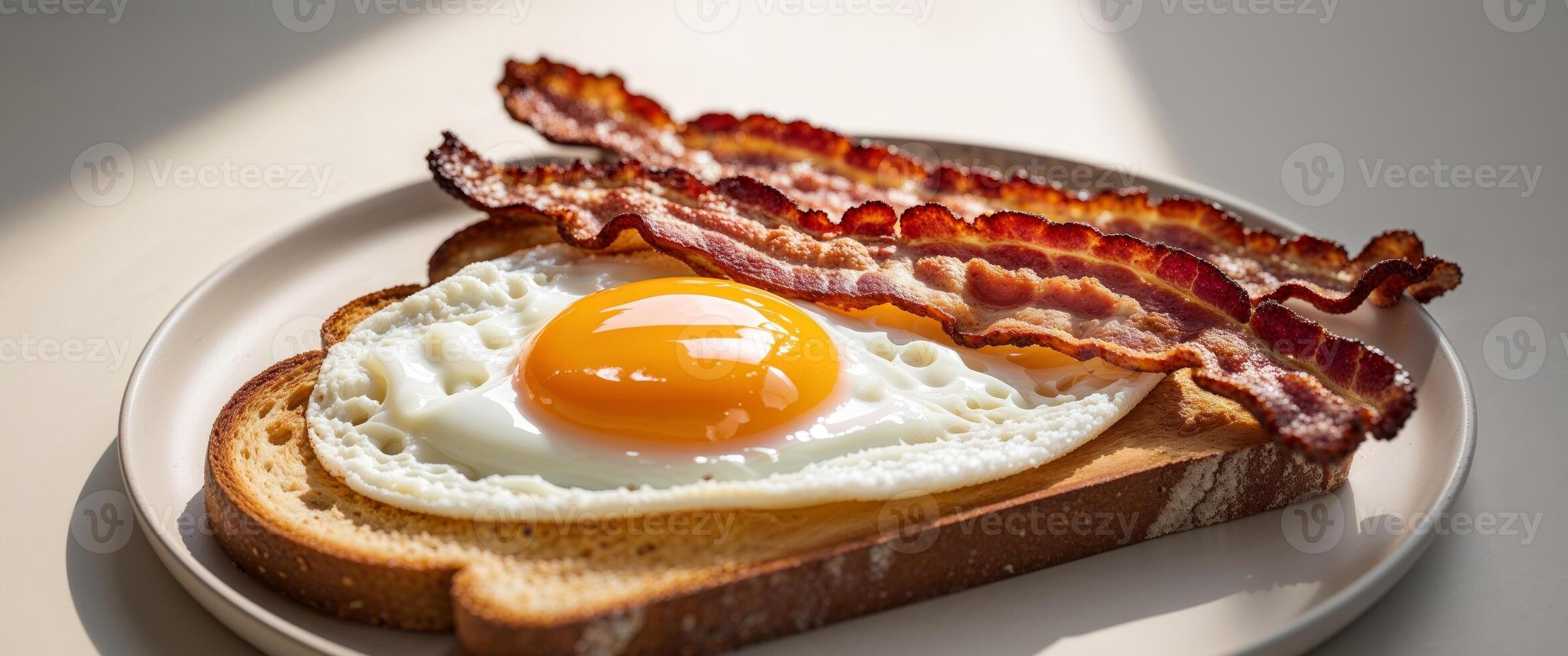 Fried Egg On Toast With Crispy Bacon Classic Breakfast Close Up. photo