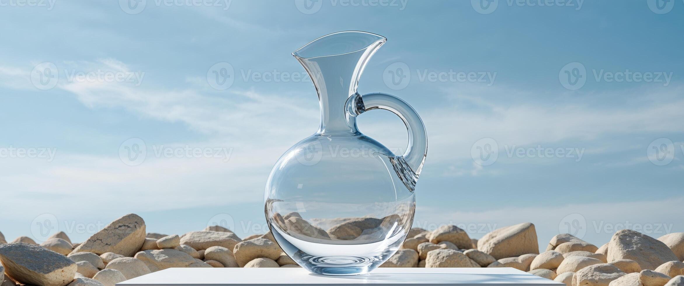 Clear Glass Vase on White Platform Between Beige Rocks Under Bright Sky photo