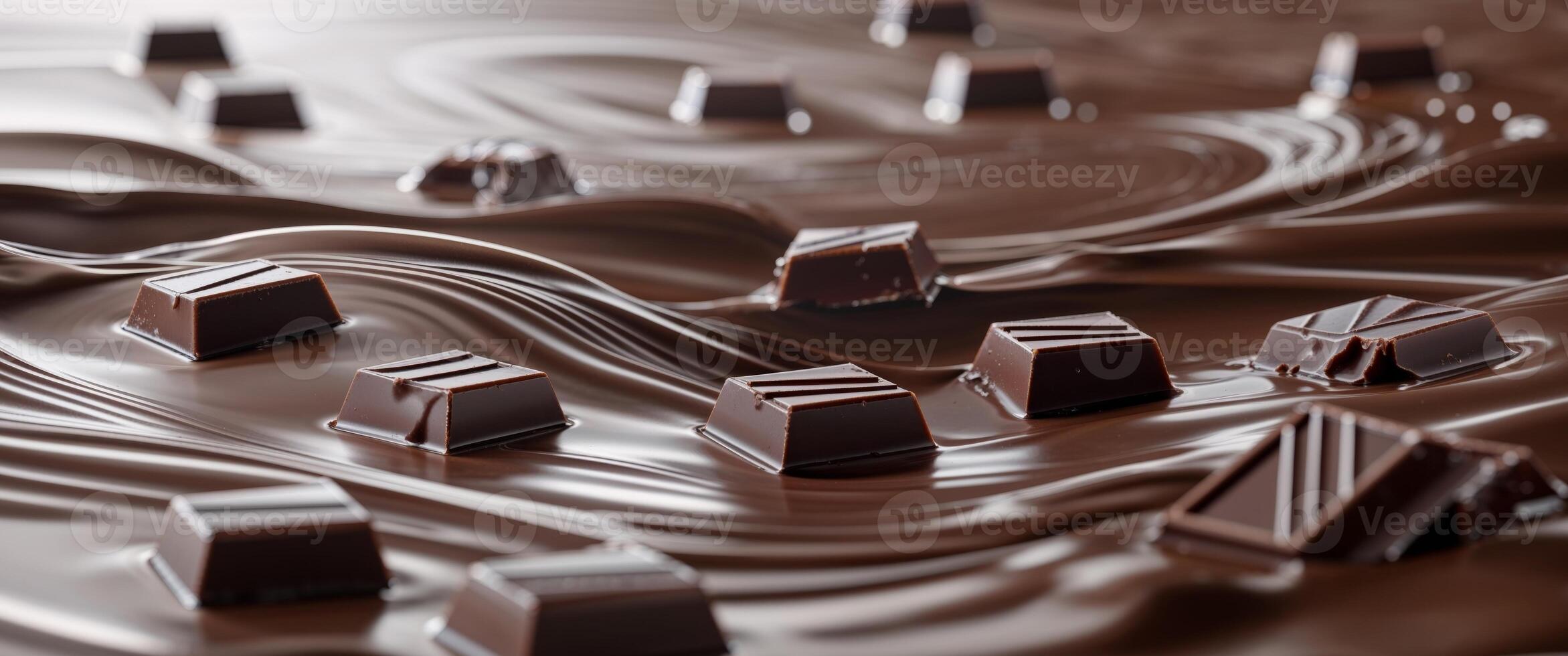 Indulgent dark chocolate squares cascade through a flowing river of rich chocolate creating a decadent scene of pure bliss and sweet temptation. photo