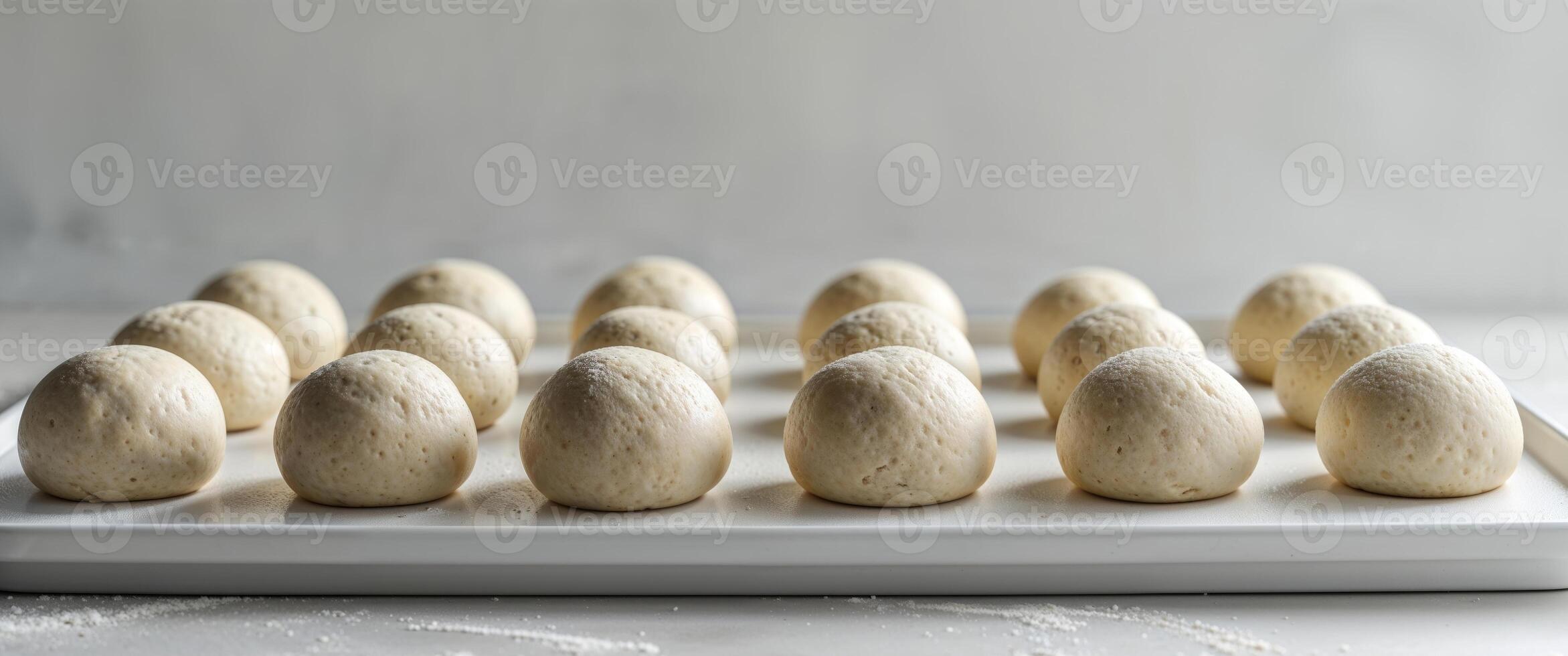Raw Dough Balls Arranged on Tray for Proofing photo