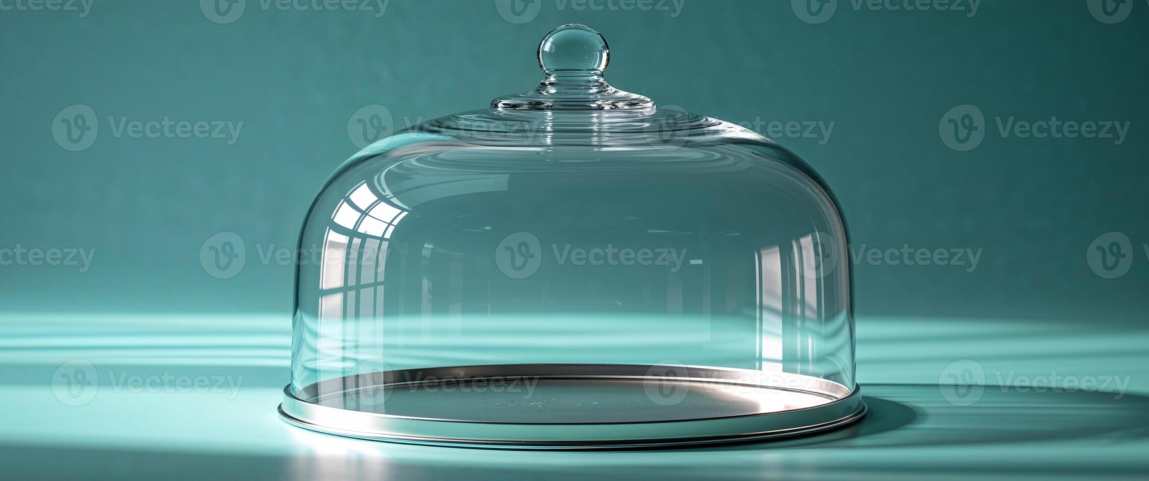 Empty Glass Cake Dome on Teal Background. photo