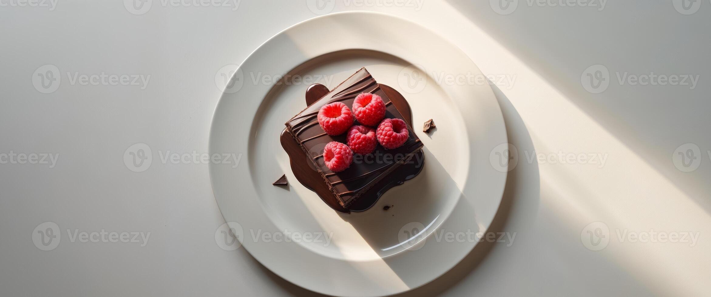 A Delicious Chocolate Dessert Decorated with Fresh Raspberries on a Plate photo
