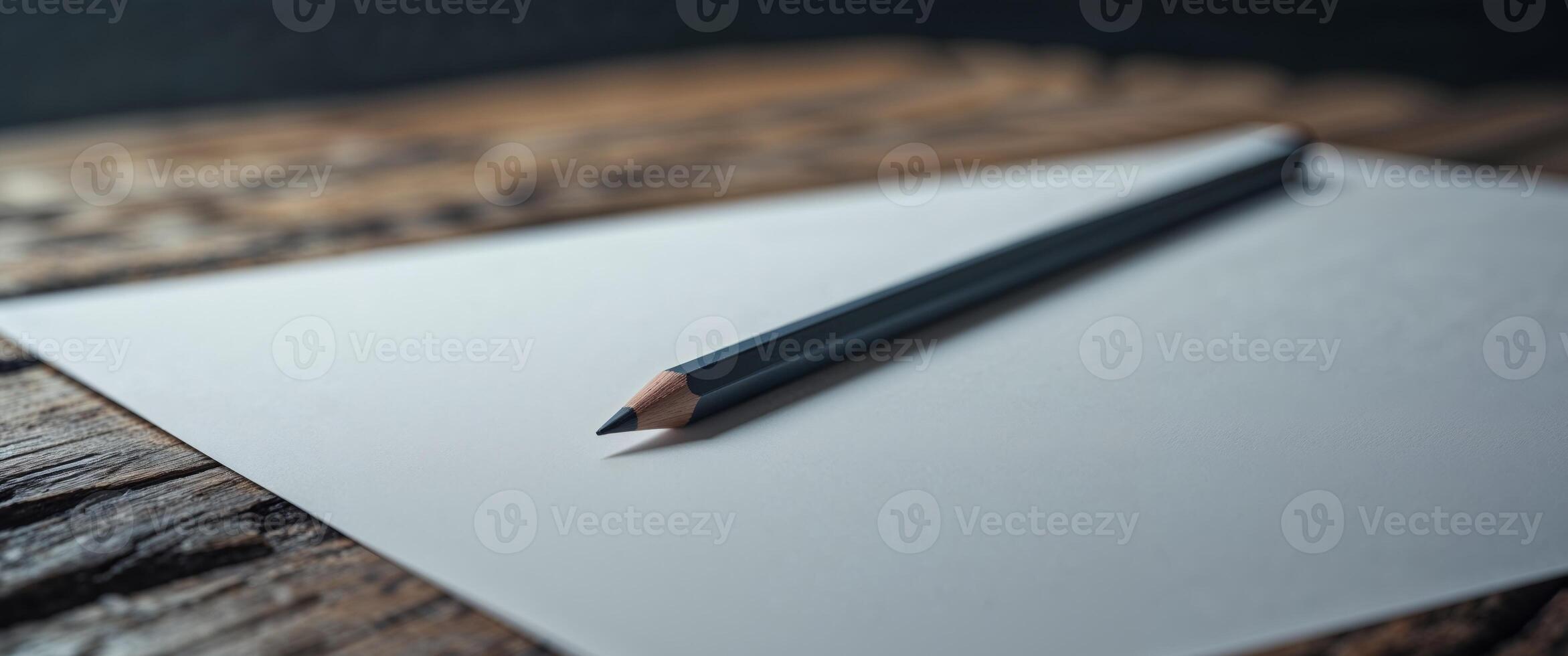 Closeup of Pencil on Blank Paper on Wooden Desk photo