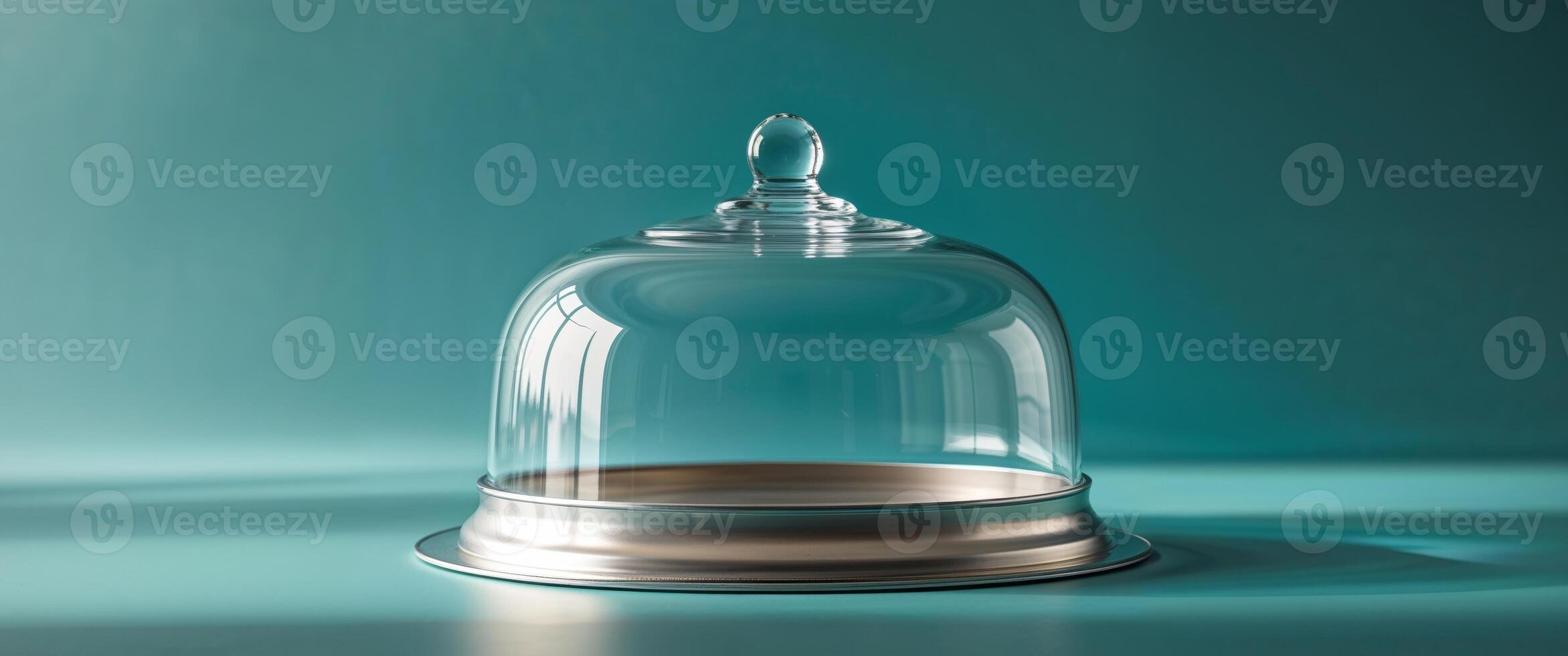Empty Glass Cake Dome on Teal Background photo
