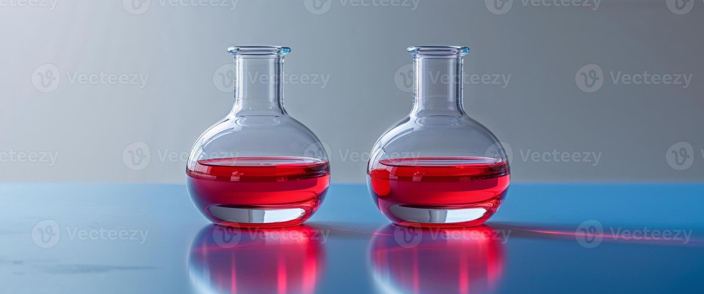 Two glass bottles with red liquid sitting on a table photo