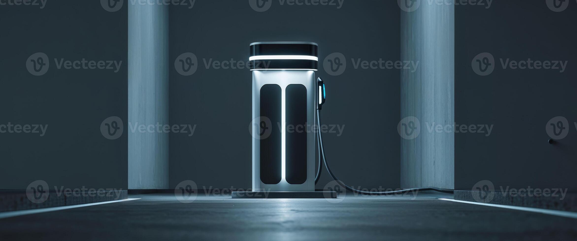 An electric vehicle charging station with an illuminated light fixture. photo