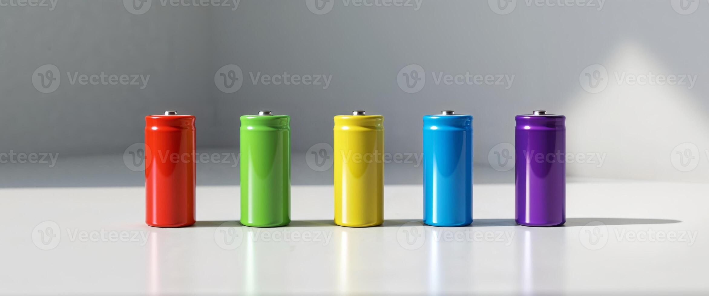 Five cylindrical batteries in varying colors arranged on white surface. photo