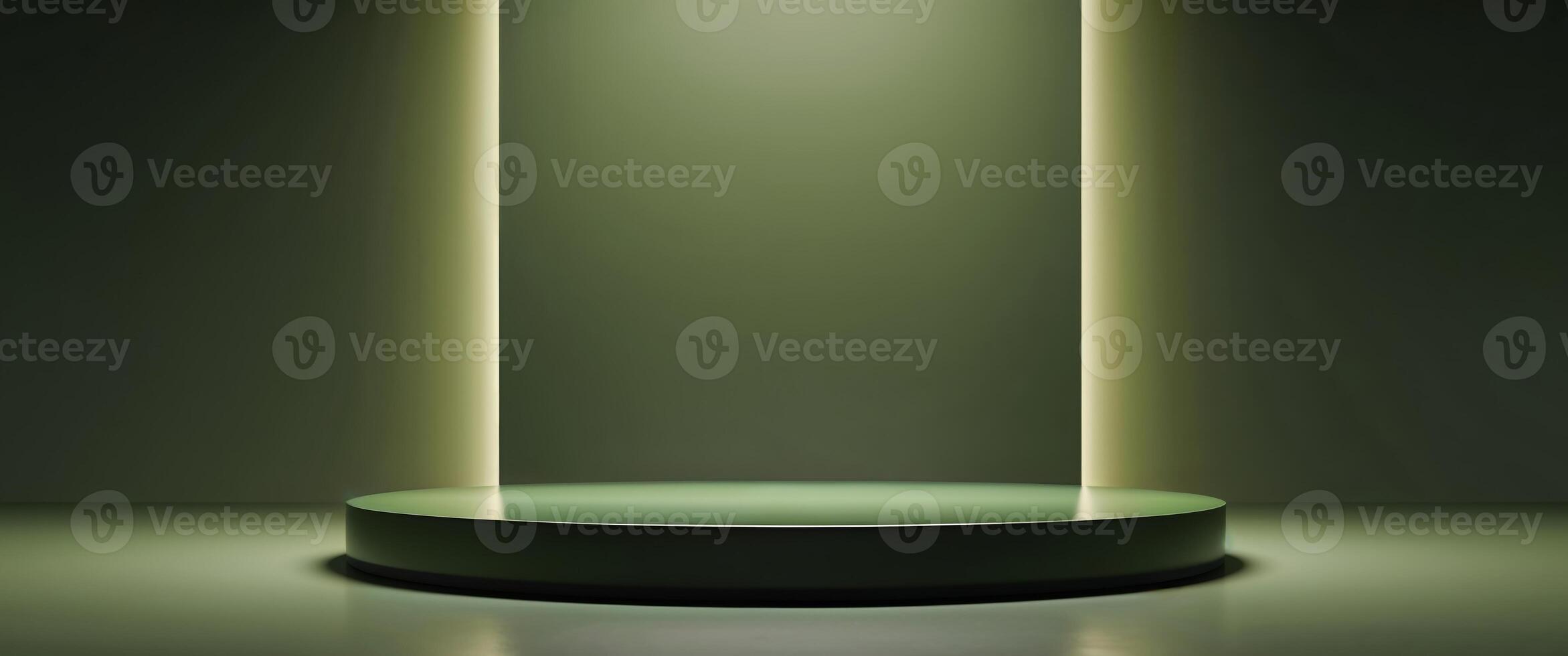Elevated circular green podium with a soft glow effect on a dark olive green background photo