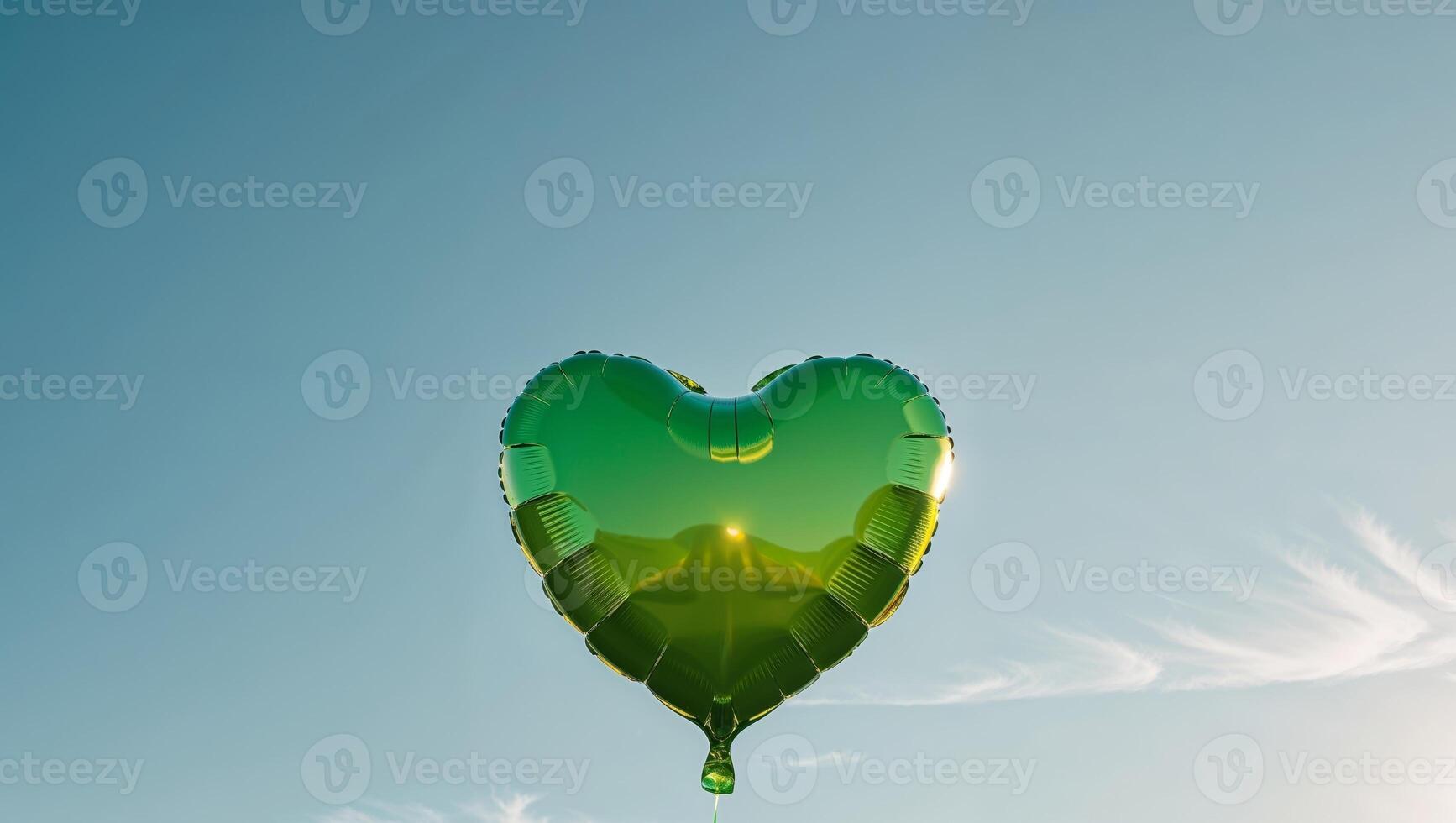 A green heart shaped balloon floating in the sky photo