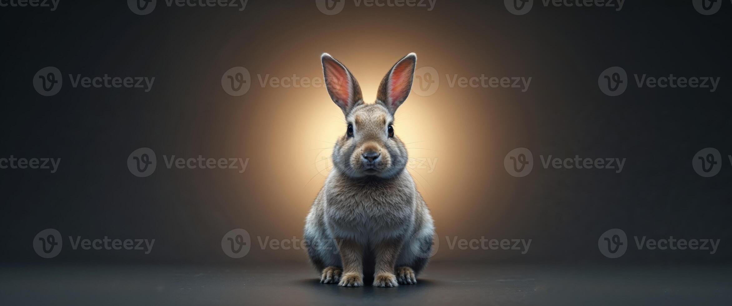 A rabbit is sitting in front of a light photo