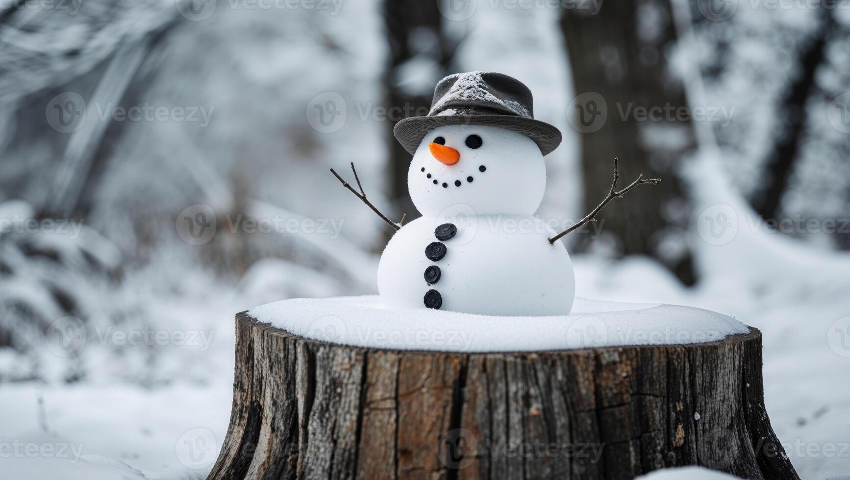 A snowman is sitting on top of a stump photo