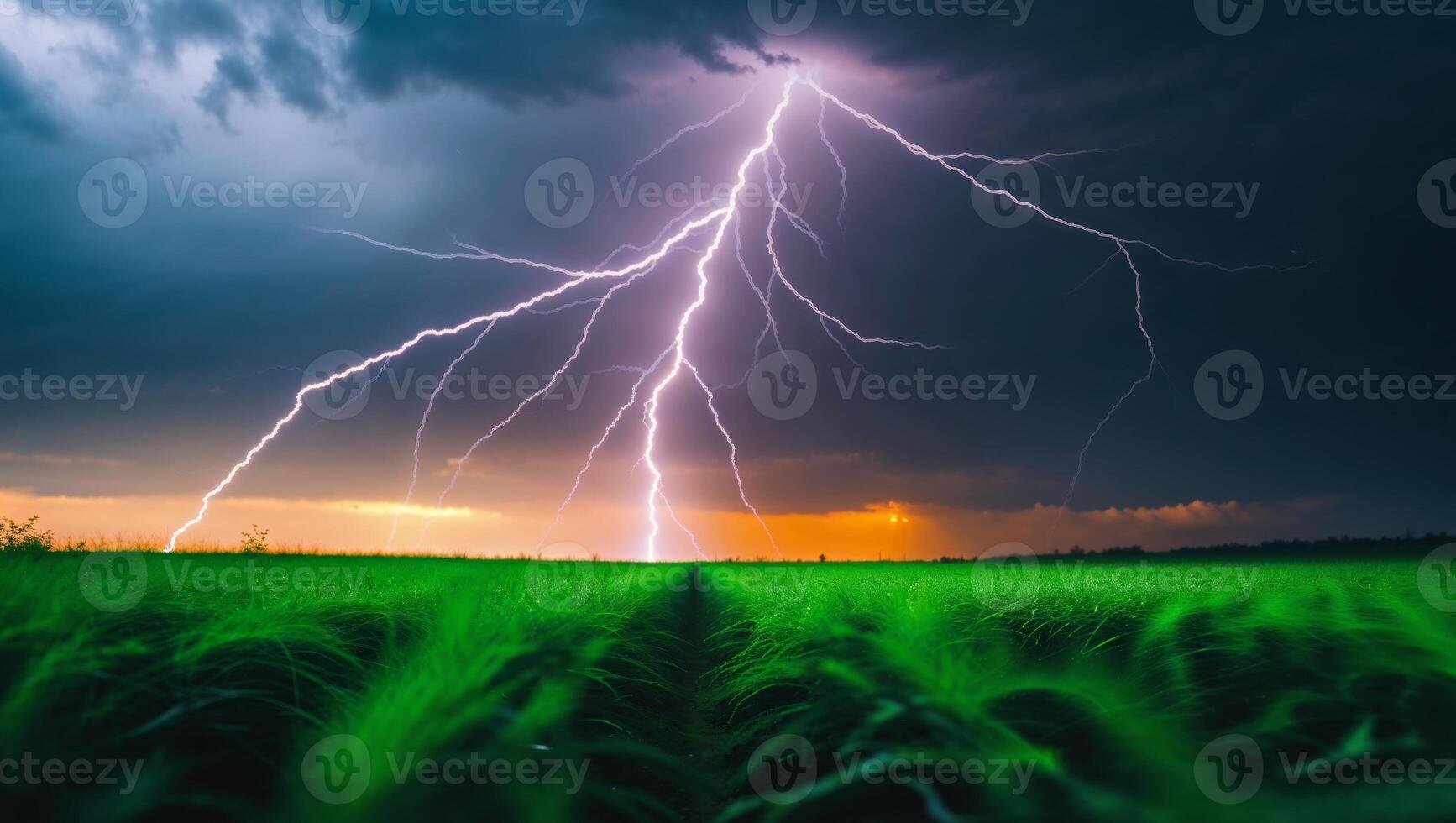 Dramatic lightning strikes over a green field during a thunderstorm in the evening sky photo