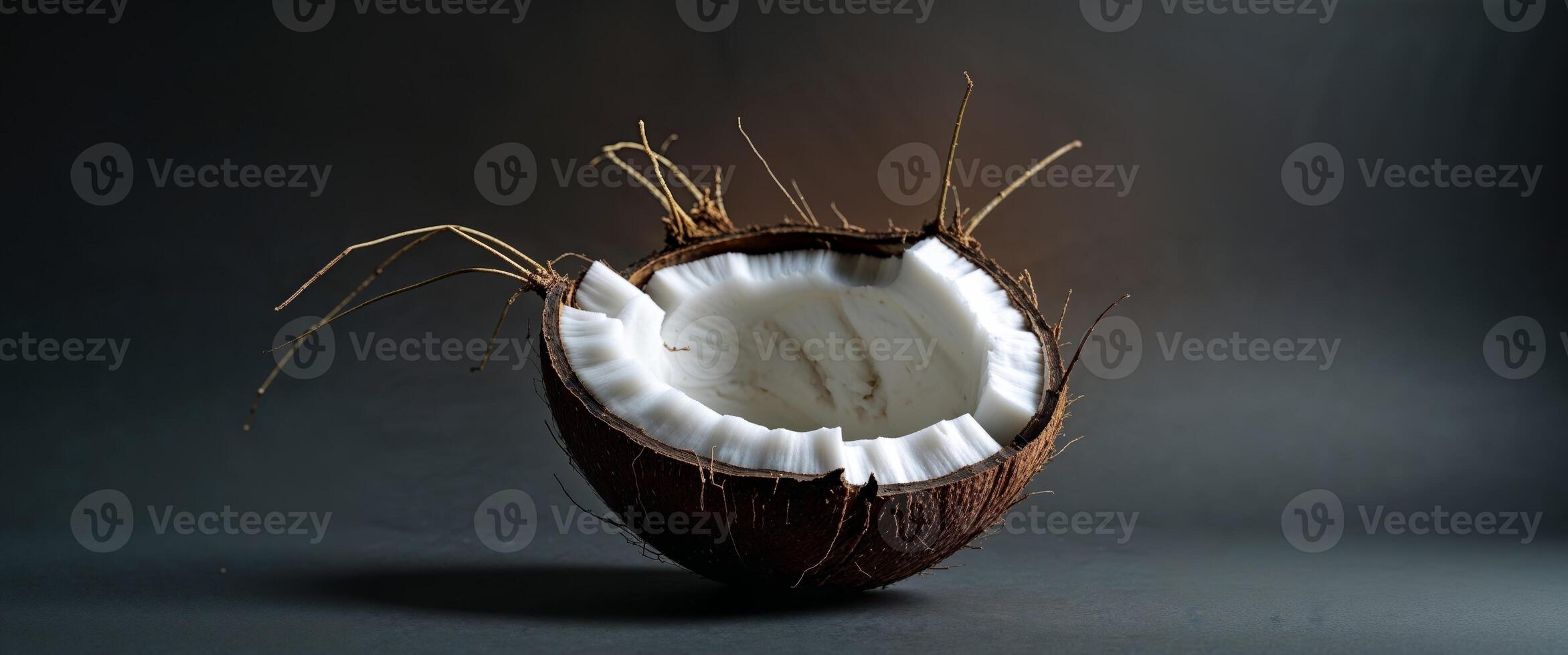 Fresh coconut shell with white flesh and fibers on dark background photo