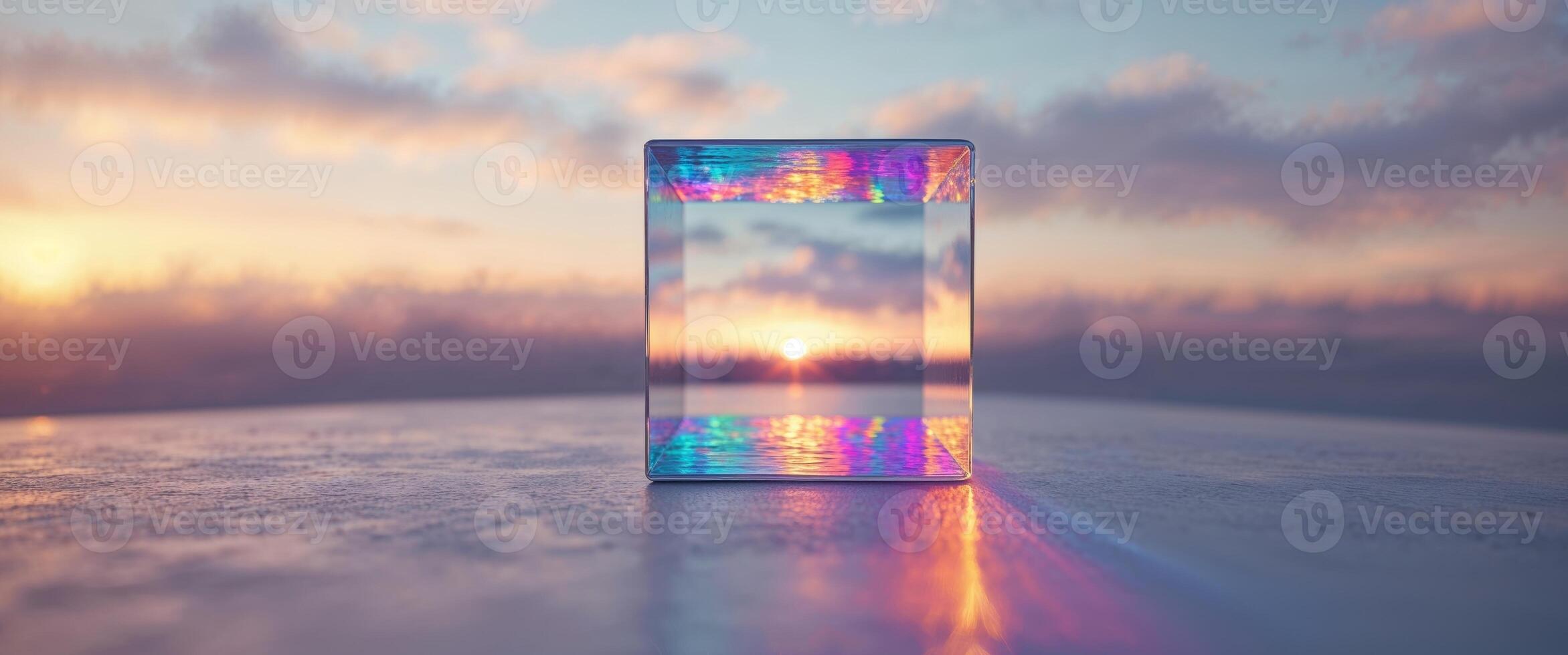 Colorful Light Reflection from Glass Cube on Surface at Sunset. photo