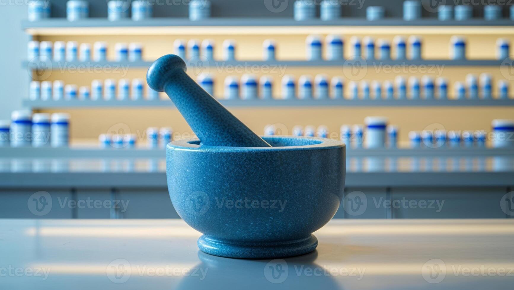 A blue mortar and pestle sitting on a table photo